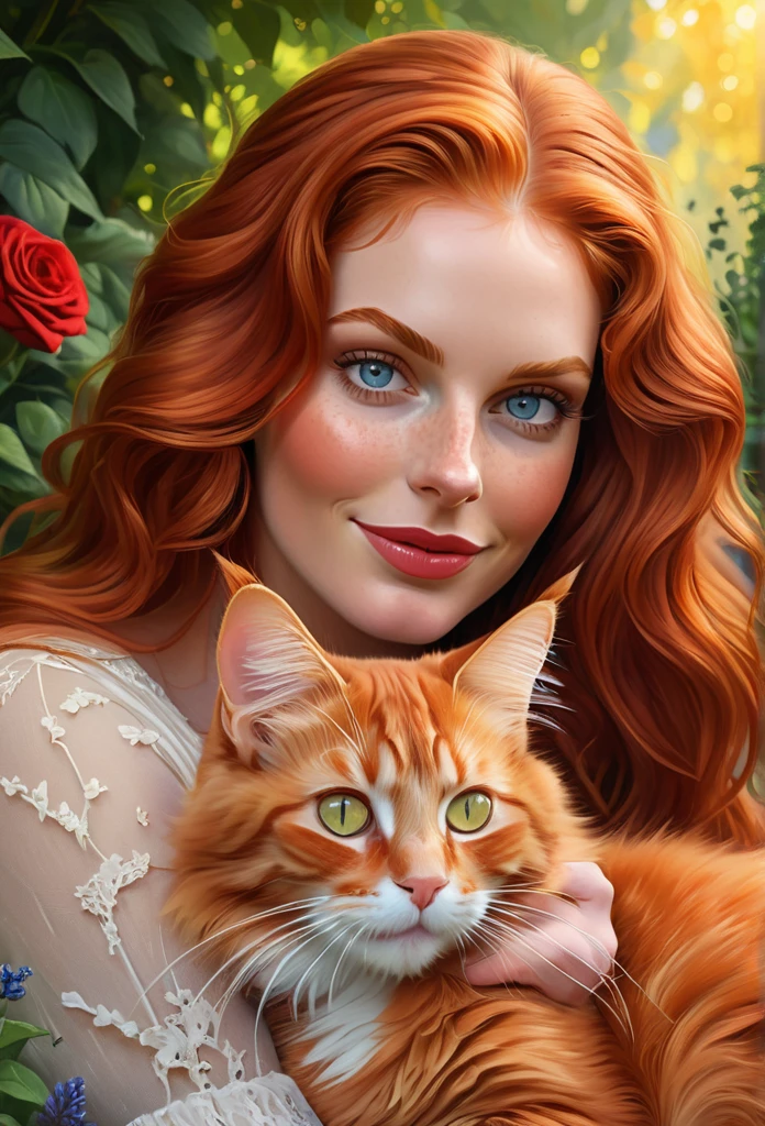 red-haired [girl:Byonce Knowles:0.1] with a full sized  red mainecoon cat, (best quality, masterpieces, ultra-detailed), beautiful detailed eyes, beautiful detailed lips, longeyelashes, vibrant colors, illustrative style, oil painting texture, flowing red hair, cozy garden background, soft sunlight, lively expression, joyful interaction with the cat, dynamic pose, realistic rendering.