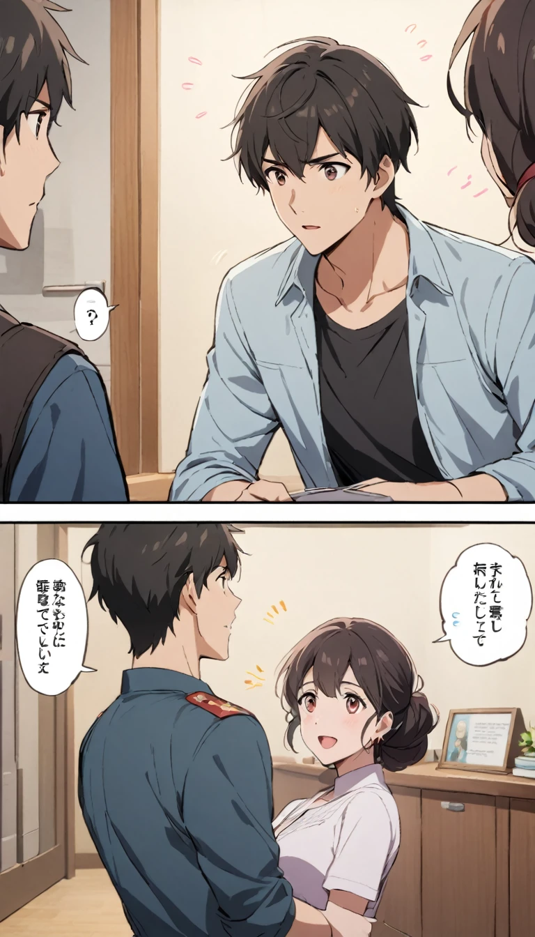 Please draw a modern animation scene depicting a son suddenly telling his mother that he will go to the military and find a job.
