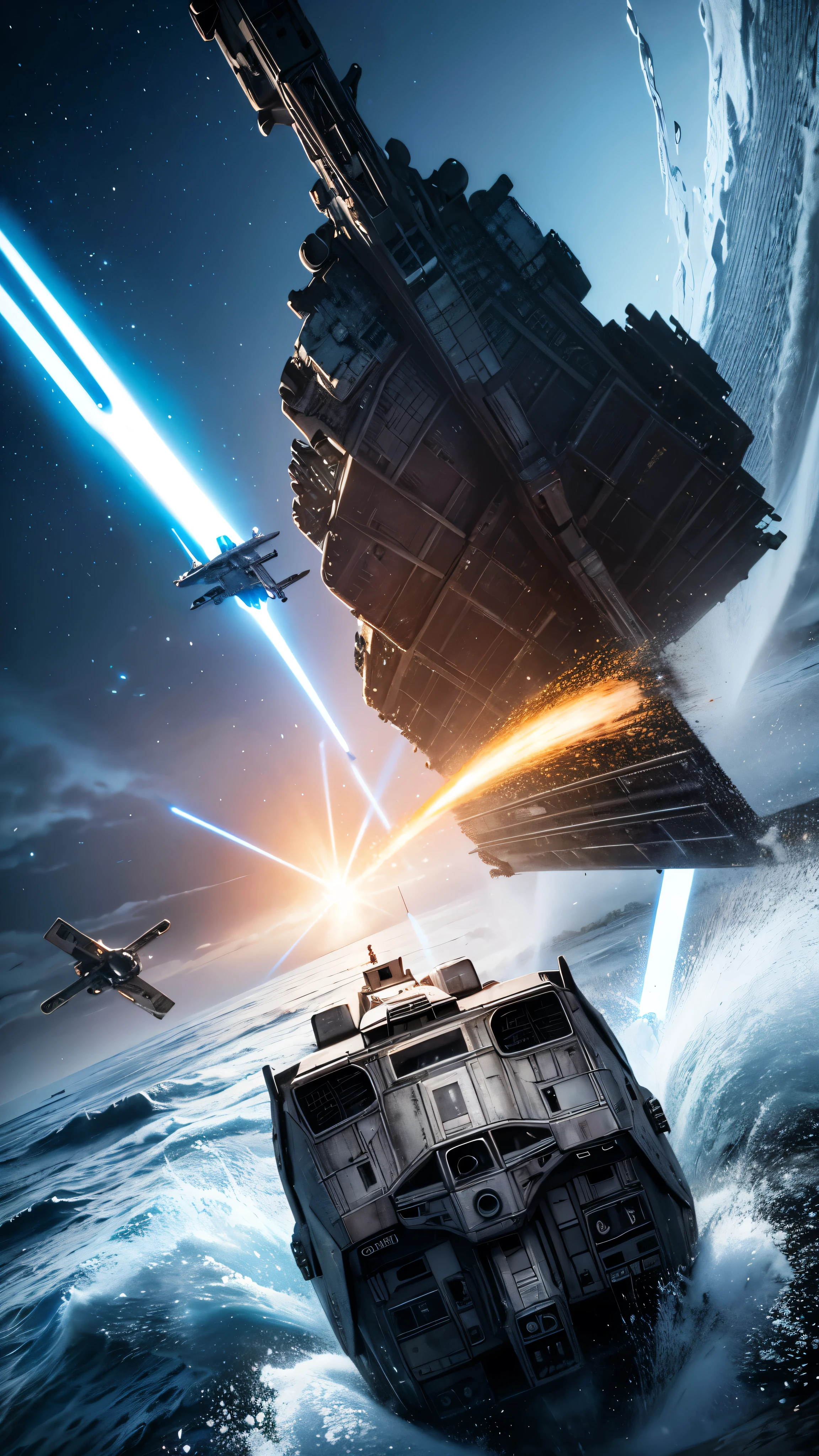 With realistic high definition images,A scene from the Star Wars movie where the Millennium Falcon is being chased by a Star Destroyer