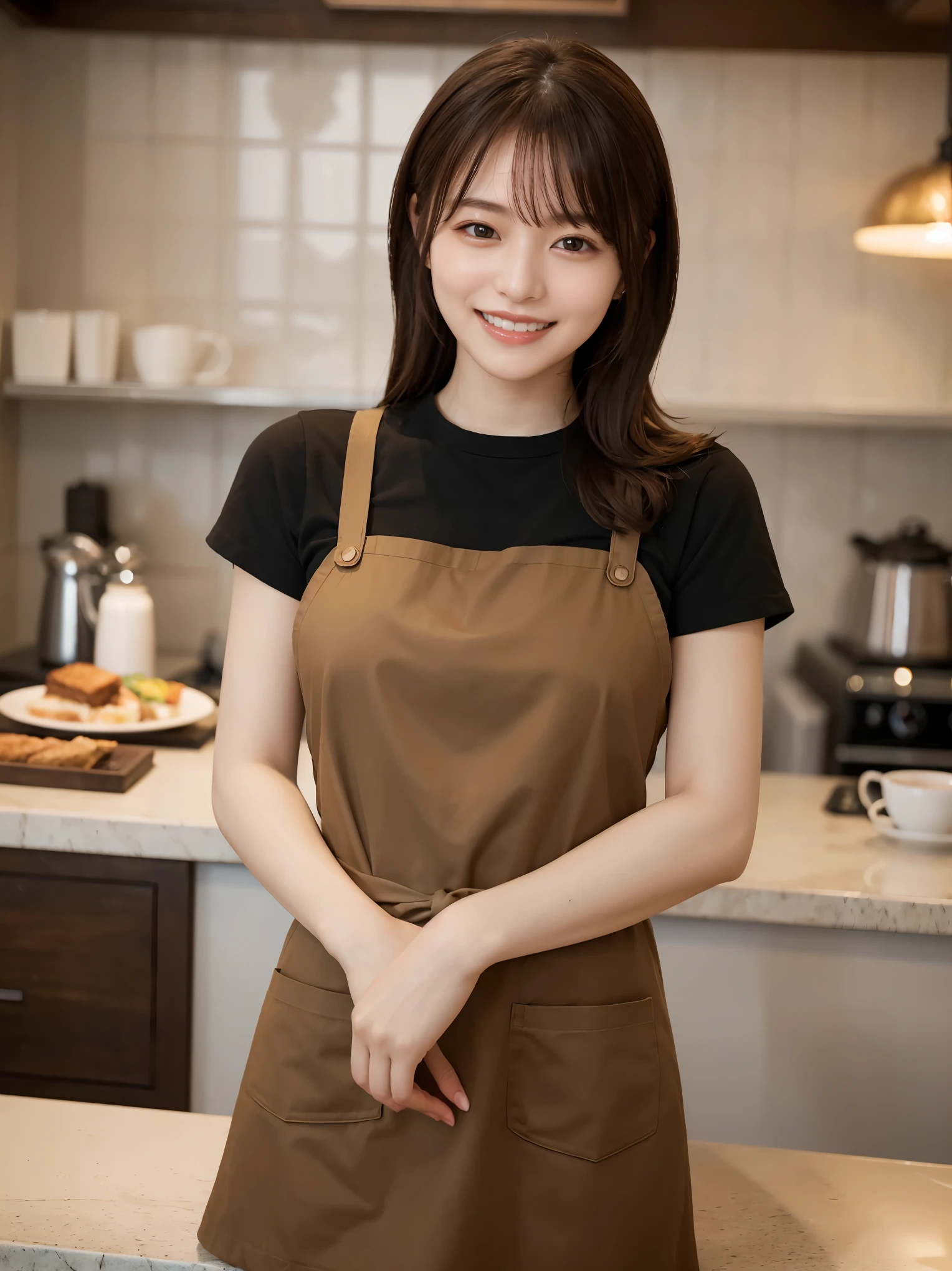 (highest quality、Tabletop、8k、Best image quality、Award-winning works)、Woman working in a café、The perfect brown apron、A classy shirt and apron、Big Breasts、(Accentuate your body lines:1.1)、Beautiful woman portrait、The most elegant and cozy cafe、The most natural cafe, Perfectly organized、The most atmospheric and warm lighting、Stylish and elegant cafe、Strongly blurred background、Look at me and smile、Accurate anatomy、Ultra high resolution perfect beautiful teeth、Ultra-high definition beauty face、Ultra HD Hair、Ultra HD The Shining Eyes、The Shining, Super high quality beautiful skin、Super high quality glossy lip