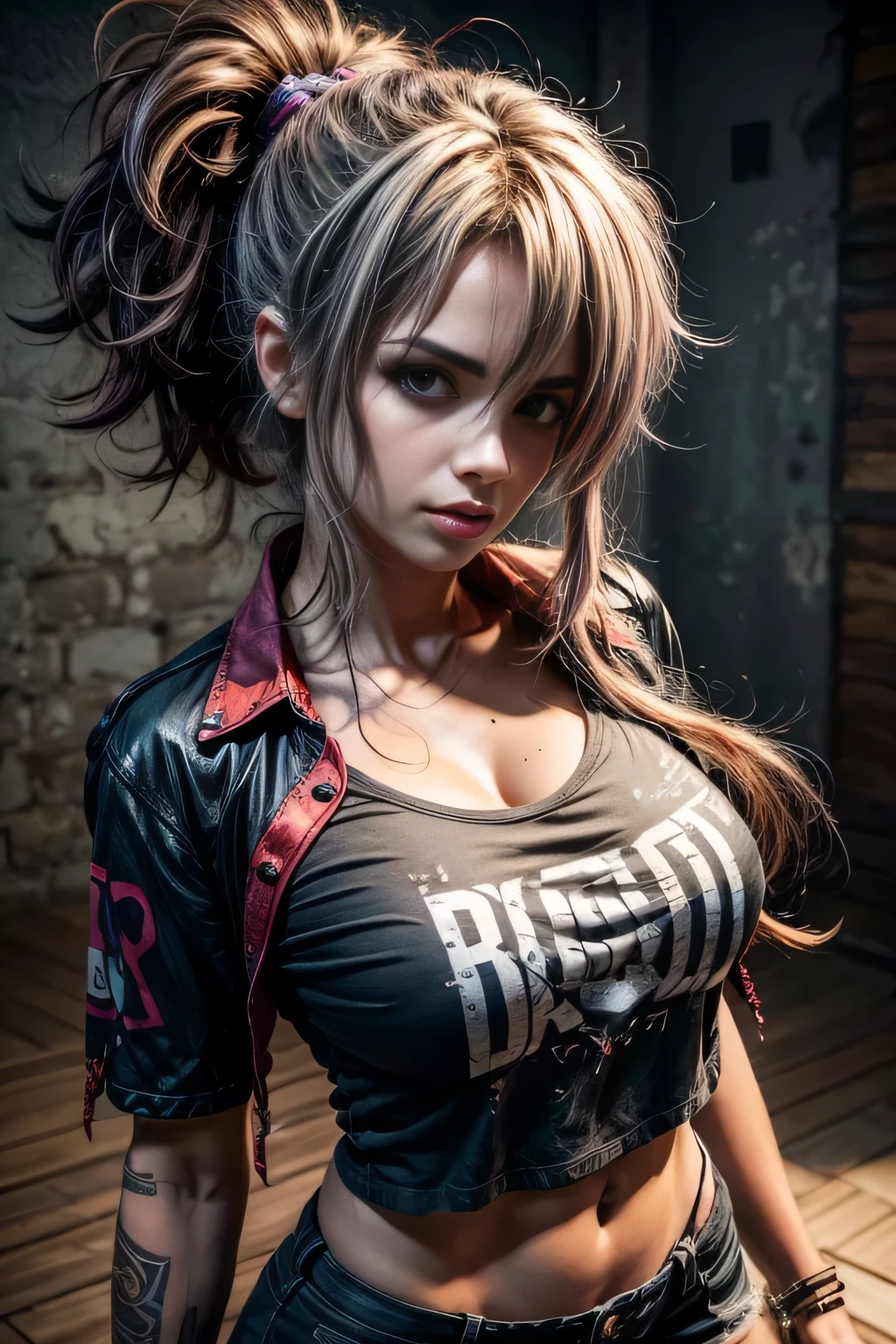 1 garota linda, Messy hair, seios grandes, camisa punk, garota rock 'n' roll, um pouco musculosa, anatomia perfeita , HD realista 3D