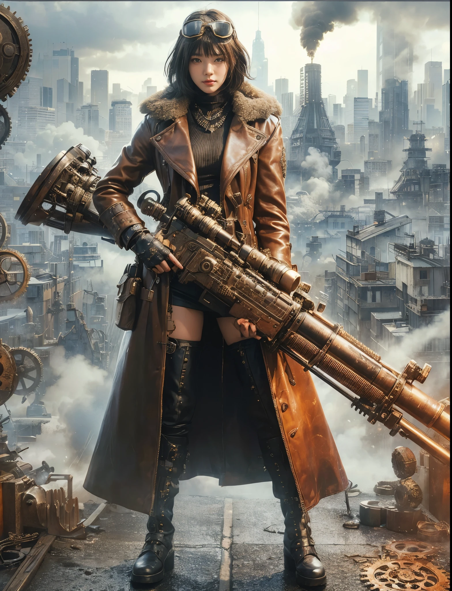 8k,Realistic Skin Texture、Superrealism、Realistic Photo、Japanese women、steampunk、Leather coat、Standing with a heavily modified oversized rifle、Light cloudiness、Dirty city、Steam rising from buildings here and there、Goggles above your head、Stand facing forward in front of a wall with intricate patterns and gears、
