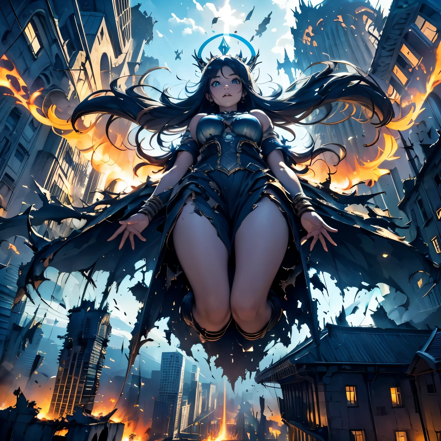 destroyed city, (100 meter tall huge goddess floating, emits light from all over the body, lost pupils, last judgment, blue flame), weapon, aerial angle from below,