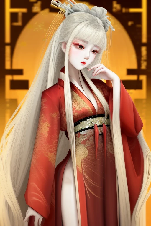 a young woman,long hair,There is a small golden hair accessory on the head,Cold eyes,Exquisite facial features,Slim figure,forest,Dance,Red embroidered Hanfu,Elegant