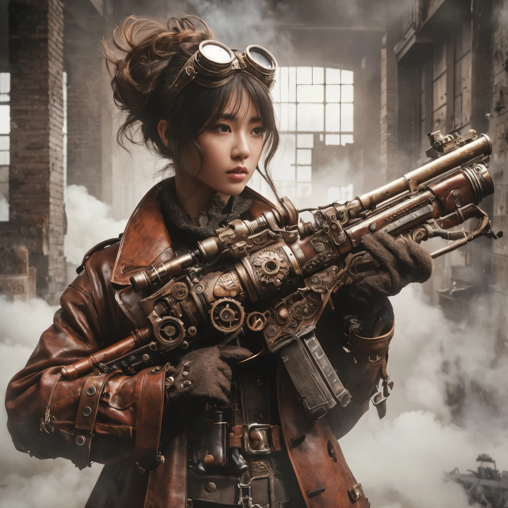 8k,Realistic Skin Texture、Superrealism、Realistic Photo、Japanese women、steampunk、Leather coat、Standing with a heavily modified oversized rifle、Light cloudiness、Dirty city、Steam rising from buildings here and there、Goggles above your head、Stand facing forward in front of a wall with intricate patterns and gears、