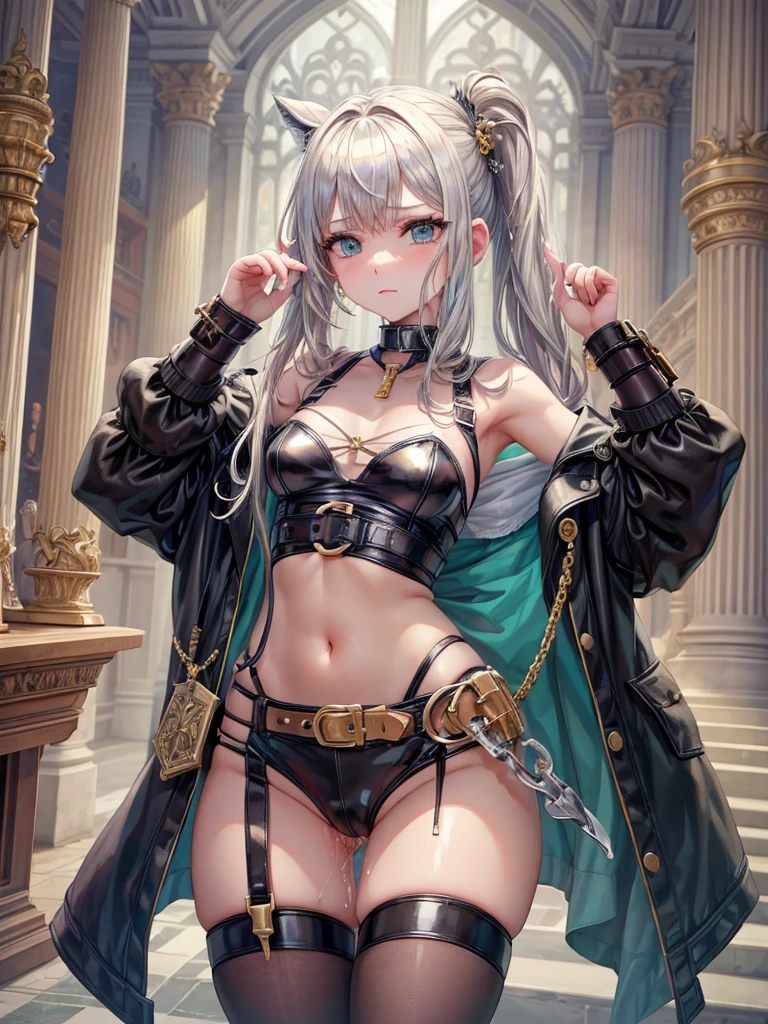 (((Best Quality, 8K, 32K, masterpiece, 1.2)))),{{solo}},nsfw,{{{Artist: Torino Aqua's style}}},((perfect beautiful face:1.2)), slender body, bdsm, restrained, bondage, chastity belt, shackled , bright clear room, ((a lot of public hairs:1.3)), embarrassed, leaking pussy juice from pussy through chastity belt,