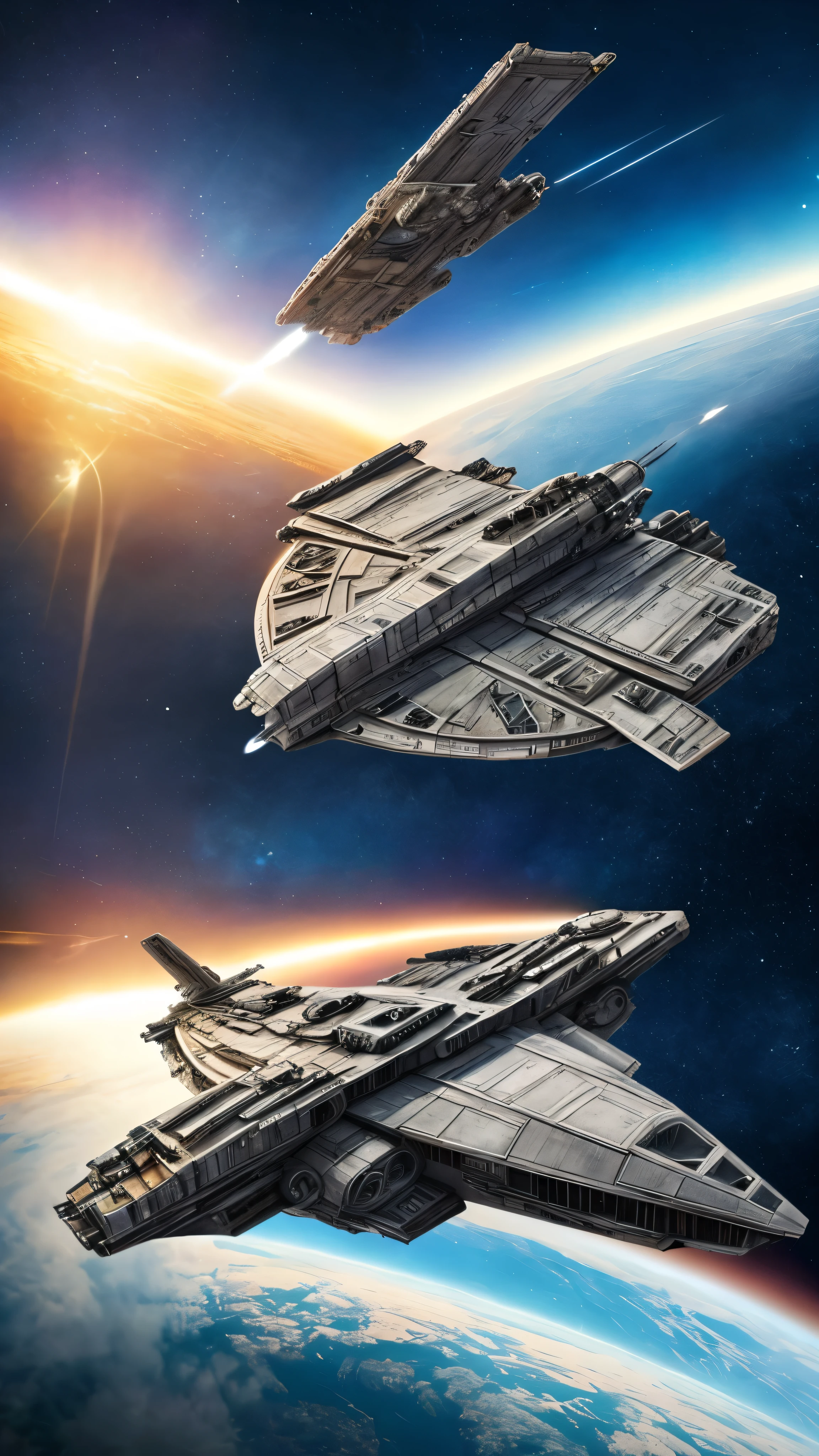 In this impressive and highly detailed masterpiece set against the backdrop of intergalactic battles、The Millennium Falcon, a rare spaceship, is depicted in high detail and with great ambition.、Boasting an astonishing level of realism that rivals the cinematic experience。Gliding through the vast, dark space、A huge Star Destroyer looms ominously in the distance.、Chase iconic spaceships with relentless determination。 The intricate details of the Millennium Falcon、From the smooth lines of the ship to its sun-scorched surface、Meticulously rendered with photorealistic accuracy
