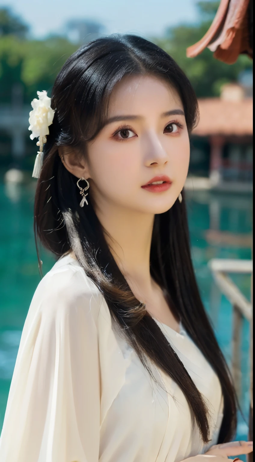 (photoPractical, best quality, Ultra-high resolution, Extremely detailed eyes and face:1.3),(1 Girl, Solitary:1.3),On a wooden boat,Black Hair,Practical,long hair,Jewelry,Upper Body,White see-through Hanfu,Vague,earrings,Lips,Chinese clothes,Hair accessories,black eyes,Vague background,looking off to the side,Shut up,