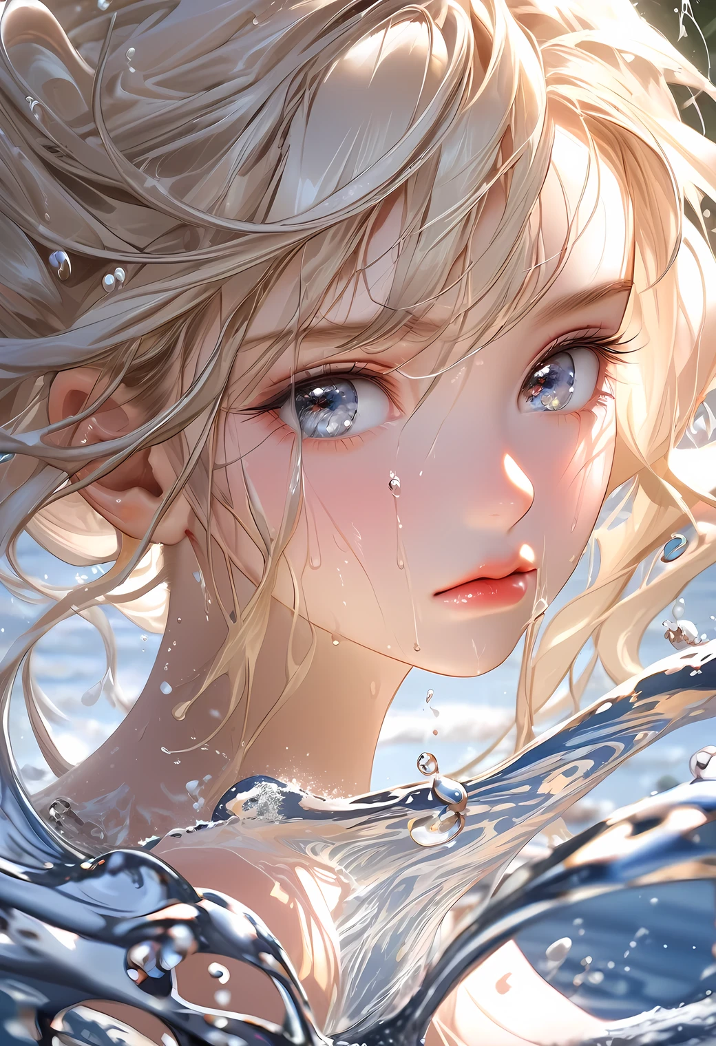 raw photo:1.2, masterpiece, highest quality, 16k, unbelievably absurd, very detailed, perfect beauty, beautiful cute girl, flowing platinum blond, closeup face, look down, wet hair, splash water 