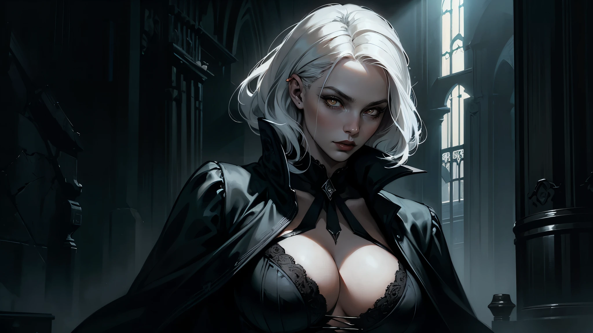 Woman with white hair and yellow eyes in black bra, very big breasts, Vampire Girl, Dark, But detailed digital art, dark fantasy style art, full height Portrait of a vampire, androgynous vampire, Dark art style, style of charlie bowater, gothic horror vibes, tom bagshaw artstyle, gothic art style, dark fantasy portrait, neoartcore and charlie bowater