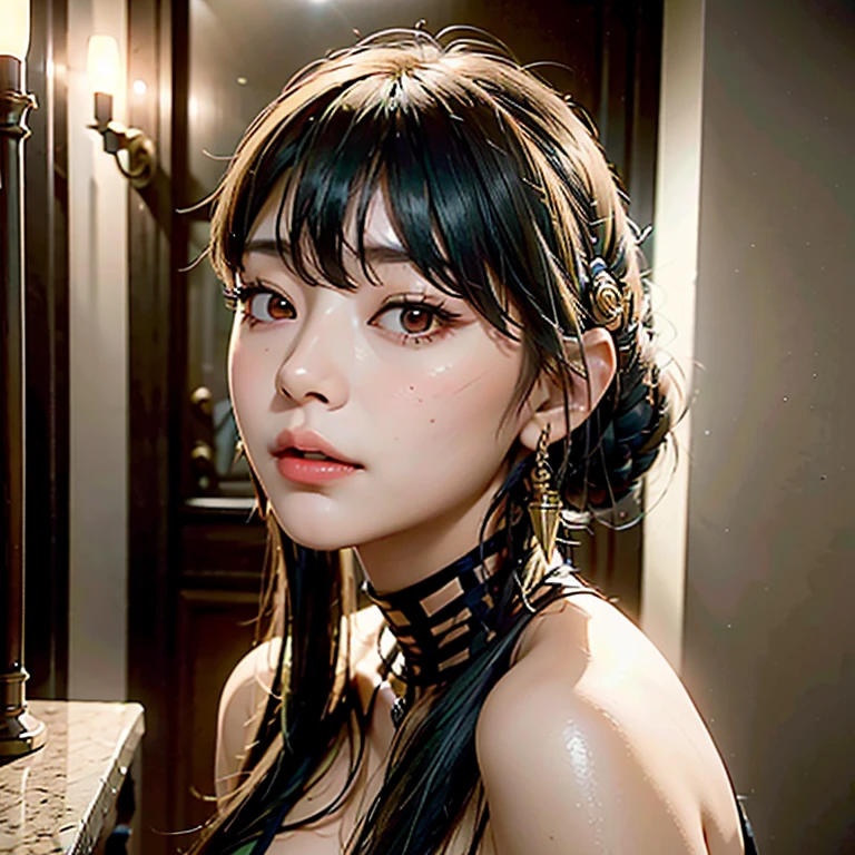 a beautiful young girl with large, expressive eyes, delicate facial features, and fluffy chestnut hair posing confidently while wearing a Spy x Family Yol Forger costume, the image captured as a high-quality, realistic SLR photograph with exceptional detail, vivid colors, and perfect balance, showcasing the girl's striking beauty and the intricate costume design, the lighting and composition drawing the viewer's attention to the subject's captivating gaze.