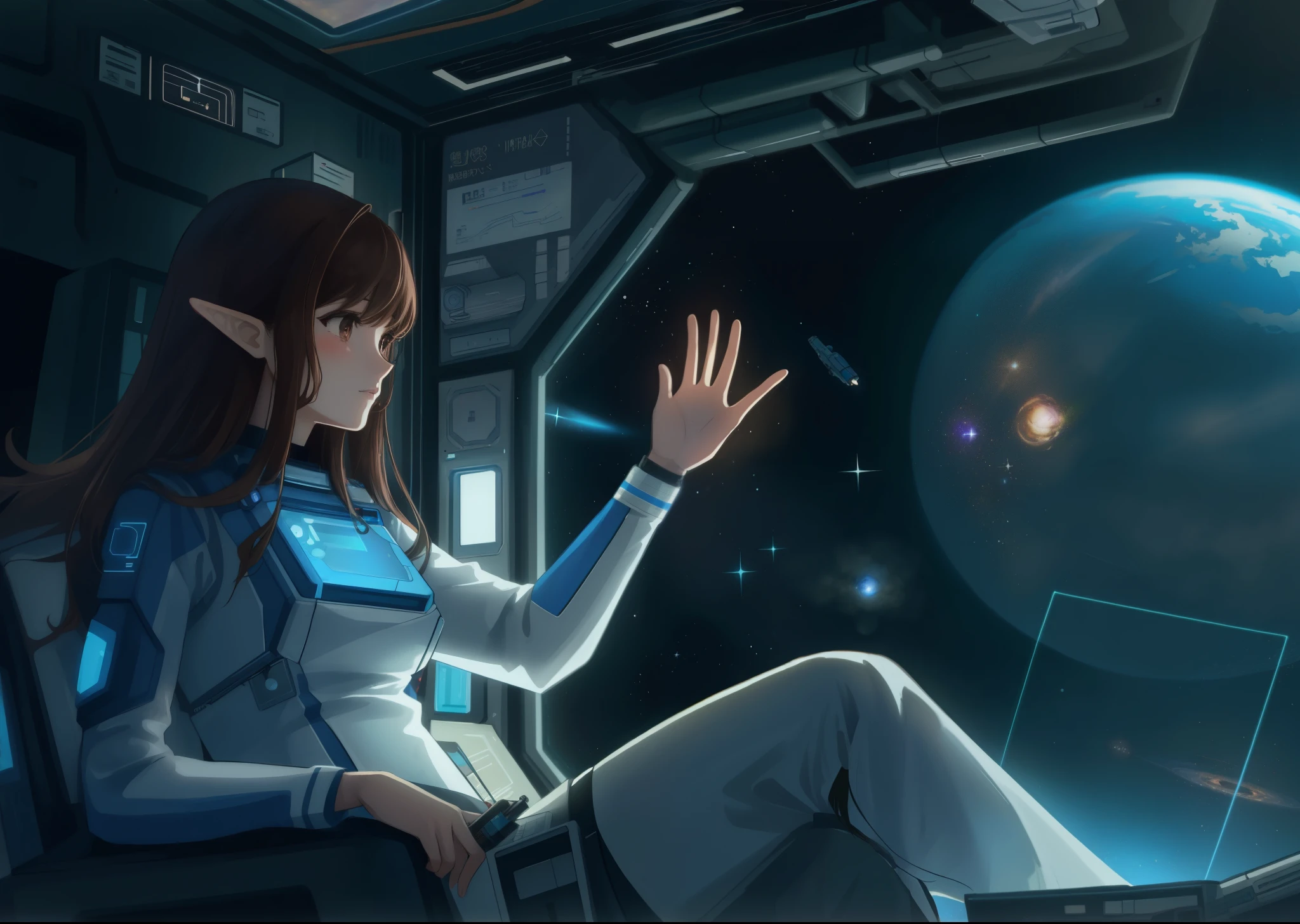 (brown hair swept bangs:1.3), arafed woman in a space station with a laptop and a planet, powerful woman sitting in space, sitting sad in spaceship, elven spirit meditating in space, girl in space, in a space station, depicted as a scifi scene, sci - fi illustrations, sci-fi illustrations, digital science fiction realism, science fiction art, science fiction digital art