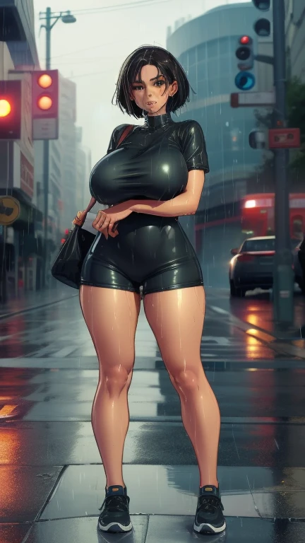 Woman in short clothes, huge breasts, huge legs, in the middle of the rain, (wet woman), street, urban environment