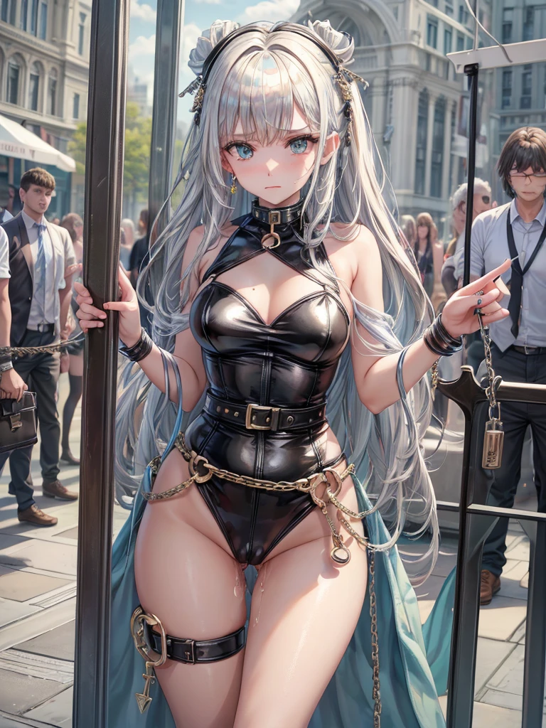 (((Best Quality, 8K, 32K, masterpiece, 1.2)))),{{solo}},nsfw,{{{Artist: Torino Aqua's style}}},((perfect beautiful face:1.2)), slender body, bdsm, restrained, bondage, chastity belt, shackled , bright clear room, ((a lot of public hairs:1.3)), embarrassed, leaking pussy juice from pussy through chastity belt,