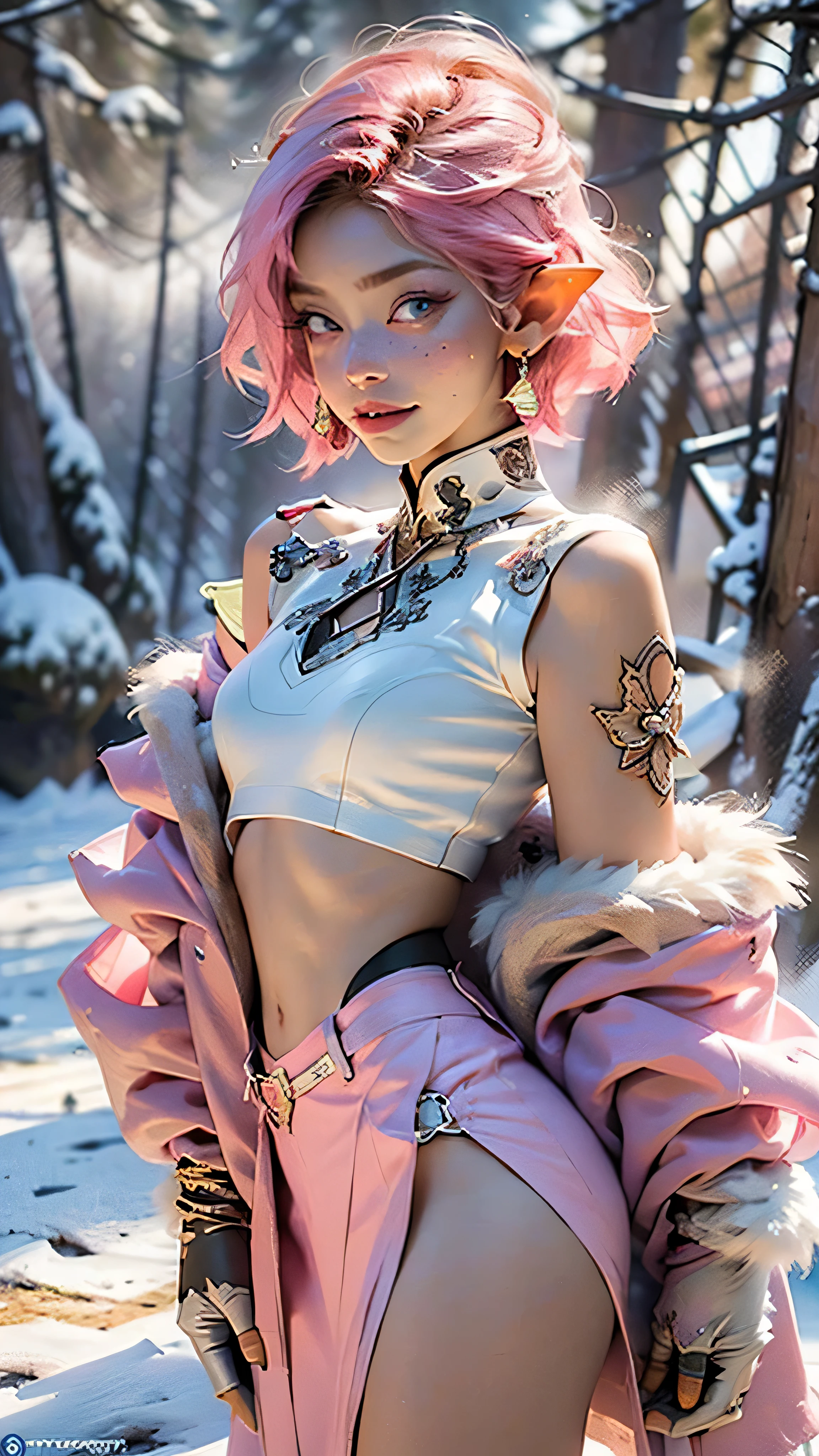 cute elf,(((little ,tiny little body,little))),((())),((anime elf with extremely cute and beautiful fuchsia hair)), (((elf))), (((elf ears))),
(((flat chest))),((((fuchsia hair:1.35,short fuchsia hair,colored inner hair,ear breathing)))),(((pink_eyes:1.3))),intricate eyes,beautiful detailed eyes,symmetrical eyes,big eyes:1.5,(((freckles on the face,freckles,freckled girl))),(((lustrous skin:1.5,bright skin: 1.5,skin tanned,shiny skin,very shiny skin,shiny body,plastic glitter skin,exaggerated shiny skin,illuminated skin))),(detailed body,(detailed face)),
cute,slutty,erotic,daring,((nsfw)), (perfect butt)
zettai ryouiki,revealing clothing,show skin,(((Sexy pink fur coat, pink fur coat outfit, wearing a pink fur coat:1.3,pink winter coat))),((pink mini-skirt,pink mini skirt with furry edge,visible thong straps)),((underpants strap)),(white gloves,pink clothes,semi-naked,with little pink clothing,(((furry edge clothing)))),(((intricate outfit,intricate clothes,embroidered outfit,ornate outfit,embroidered clothes,ornate clothes))),
(dynamic pose:1.0),embarrassed,(centered,scale to fit dimensions,Rule of thirds),
((snowy pine forest)),winter,scenery:1.25,((intricate scenery)),((snow forest background)),
(Glossy winter ornaments),highres,sharp focus,(ultra detailed,extremely detailed),(photorealistic artwork:1.37),(extremely detailed CG unity 8k wallpaper),(((vibrant colors,vibrant theme))),(intricate),(masterpiece),(best quality),artistic photography,(photography taken by sldr),(intricate background),perfect rendered face,perfect face details,realistic face,photo realistic,analog style,((intricate detail)),(((realism))),