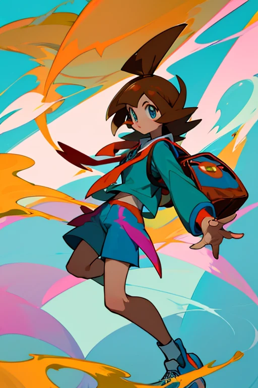 Please draw a Pokemon-style picture.. Light brown hair, Straight hair, Dark Eyes. Turquoise jacket, Blue shorts, White sneakers. Includes tie-dye backpack. Next to the Pokémon Mudskipper.