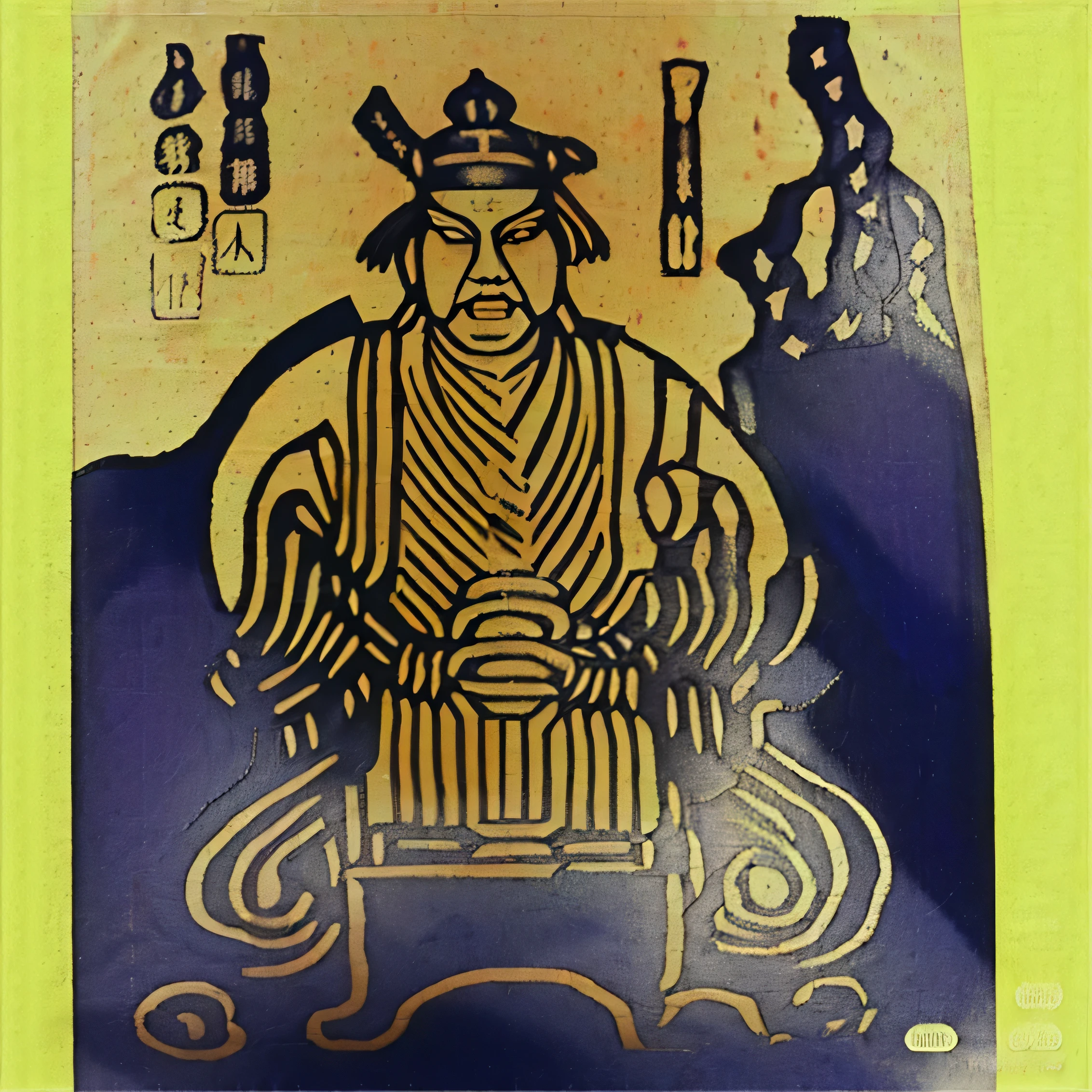 Close-up of a painting,A man sitting on a chair, Taoism, inspired by Wu Daozi, Taoism, Master of Taoism, Taoist priest, chi-gong, Inspired by Dongyang Sesshu, Wise old man, Inspired by Hu Zaobin, number, God of Wealth