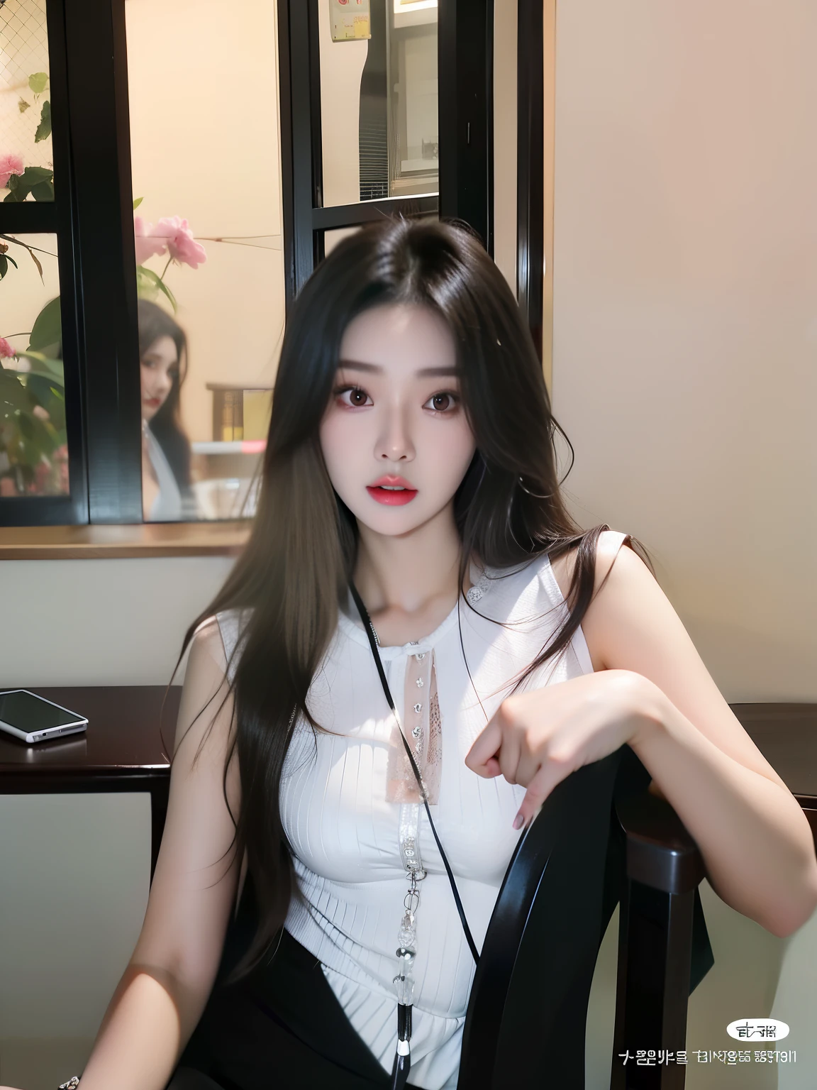 A woman is sitting on a chair with a mobile phone, Brutal Korean Goth Girl, Jenny Blackpink,  korean, beautiful south Mulher korean, Heonhwa Choi, gorgeous young Mulher korean, beautiful young Mulher korean, portrait of Josh is Blackpink, Josh is Blackpink, Mulher korean, common ratio, young asian woman, Jaeyeon Nam