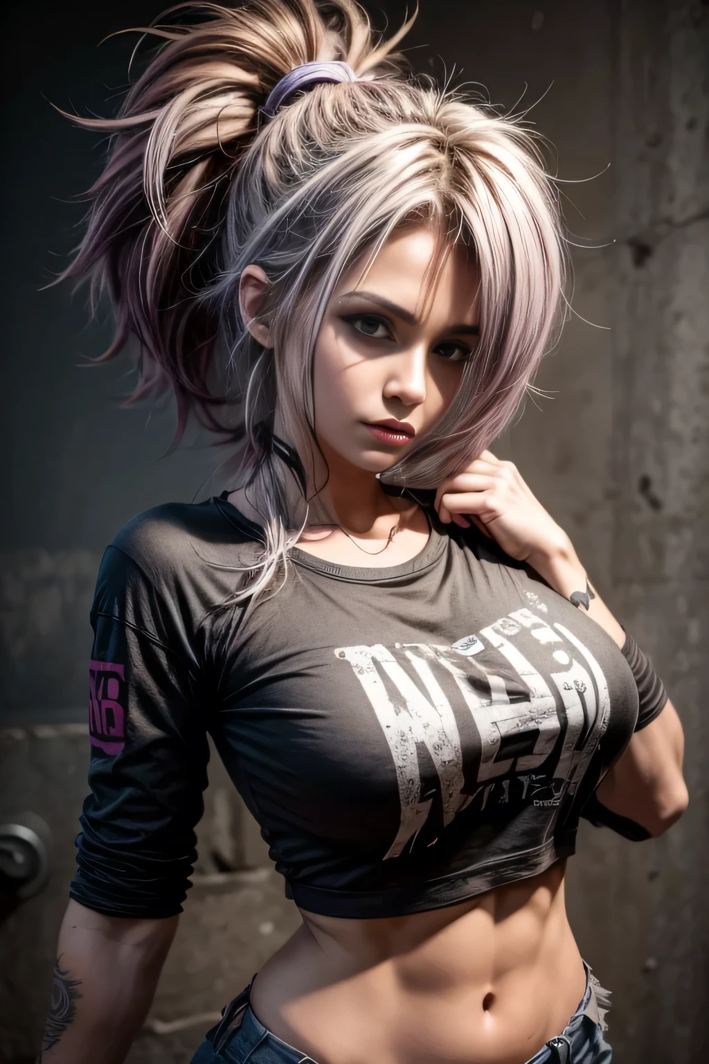 1 garota linda, Messy hair, seios grandes, camisa punk, garota rock 'n' roll, um pouco musculosa, anatomia perfeita , HD realista 3D