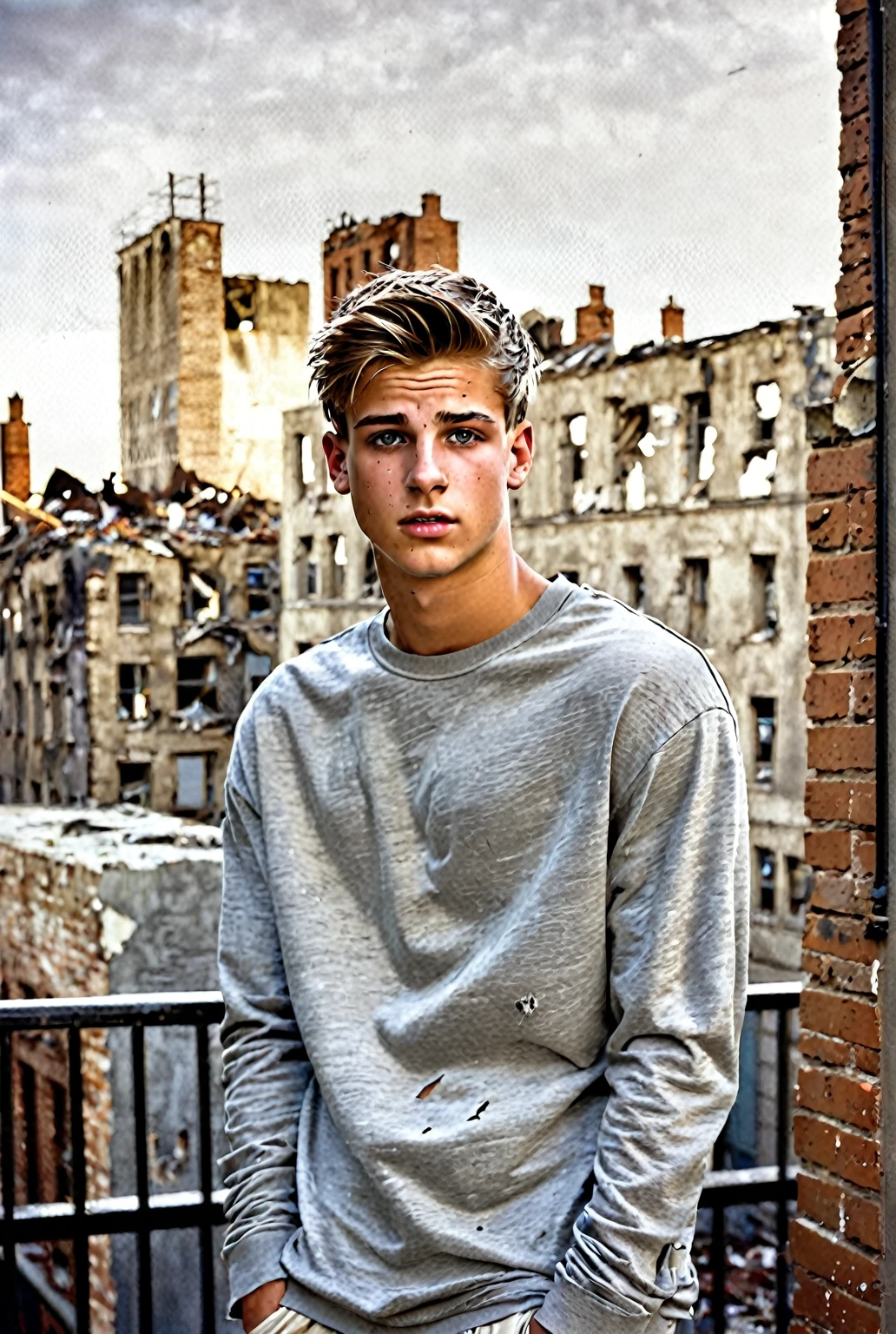 (Same style drawing, young 20-year old short white male, young face, wearing plain light grey short loose t-shirt, same face, no face changes, very short dark blonde hair, dirty blonde hair, lighter skin, pale skin, darker hair, fitter, shorter torso, preppy, post-apocalypse, ruined buildings, damaged clothes, dirty clothes, lighter eyes