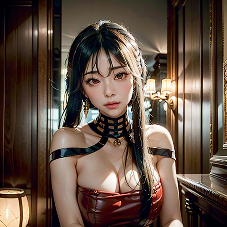 a beautiful young girl with large, expressive eyes, delicate facial features, and fluffy chestnut hair posing confidently while wearing a Spy x Family Yol Forger costume, the image captured as a high-quality, realistic SLR photograph with exceptional detail, vivid colors, and perfect balance, showcasing the girl's striking beauty and the intricate costume design, the lighting and composition drawing the viewer's attention to the subject's captivating gaze.