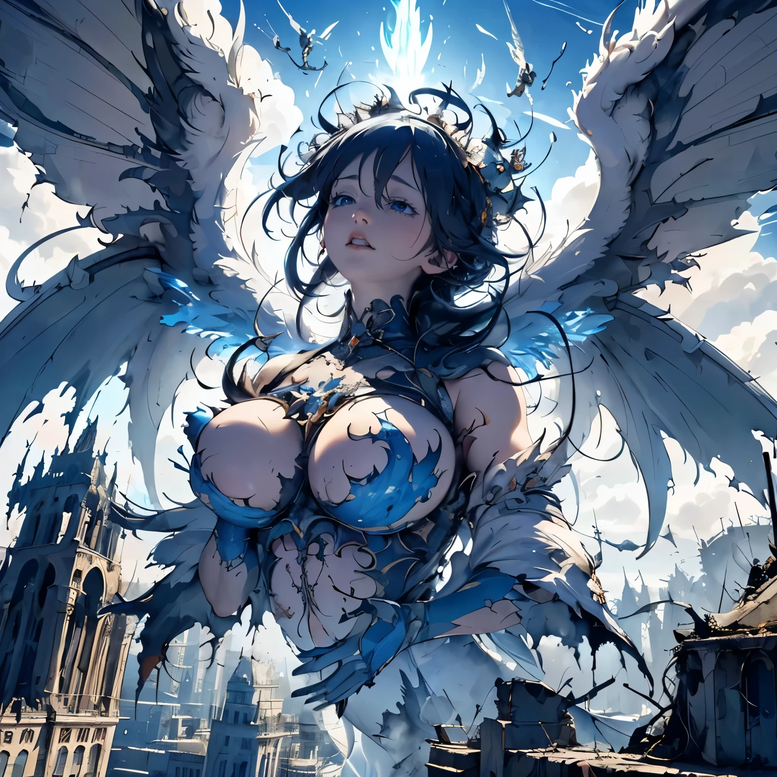 destroyed city, (100 meter tall huge goddess floating, emits light from all over the body, lost pupils, last judgment, blue flame), ((drooping eyes, sleepy)), weapon, aerial angle from below,