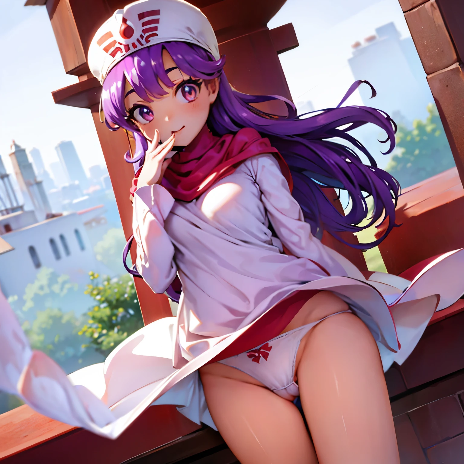dqPOM,white panties,open thighs,1girl,
red hood, purple hair, transparent robe,