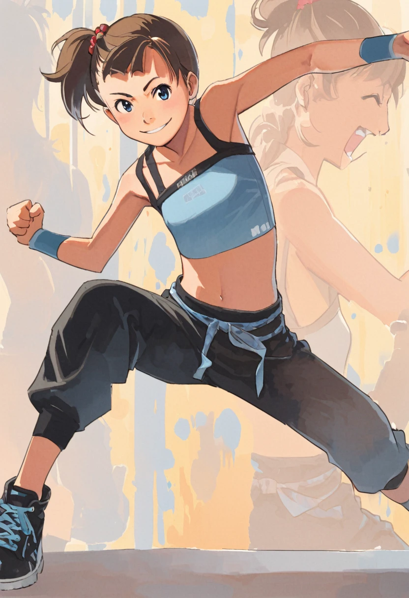 a japanese martial artist girl,tween,skyblue tube top,(black hot pants),sneakers,detailed face,brown hair,Black Shoes,dynamic fighting Pose,smile, city avenue,Full body portrait,(depth of field:1.3),Portrait,magnificent view,(watercolor:1.1),BREAK,Afterimage,Timelapse,