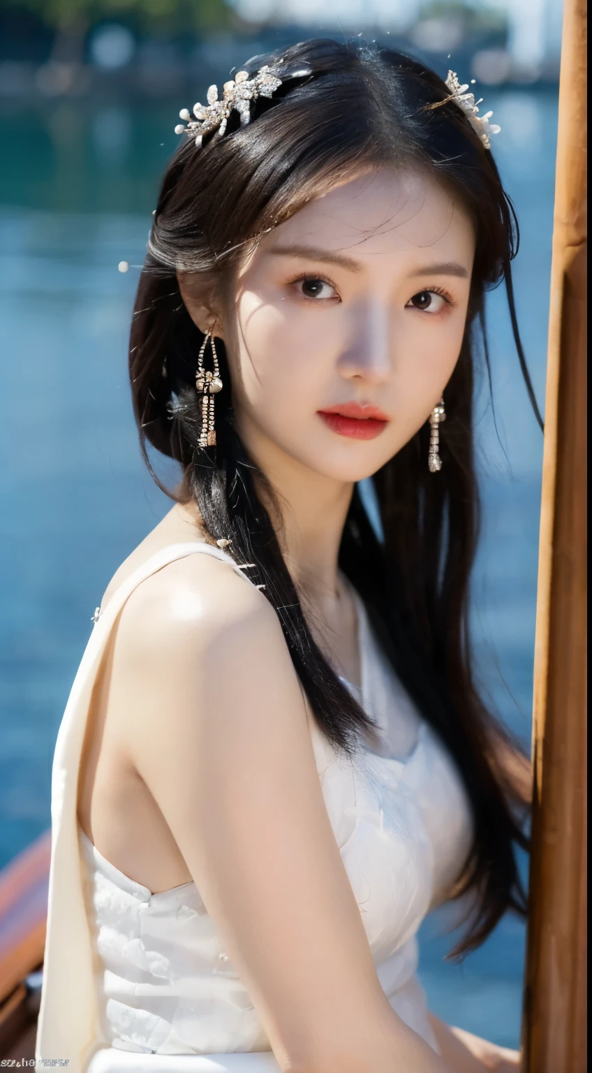 (photoPractical, best quality, Ultra-high resolution, Extremely detailed eyes and face:1.3),(1 Girl, Solitary:1.3),On a wooden boat,Black Hair,Practical,long hair,Jewelry,Upper Body,White see-through Hanfu,Vague,earrings,Lips,Chinese clothes,Hair accessories,black eyes,Vague background,looking off to the side,Shut up,