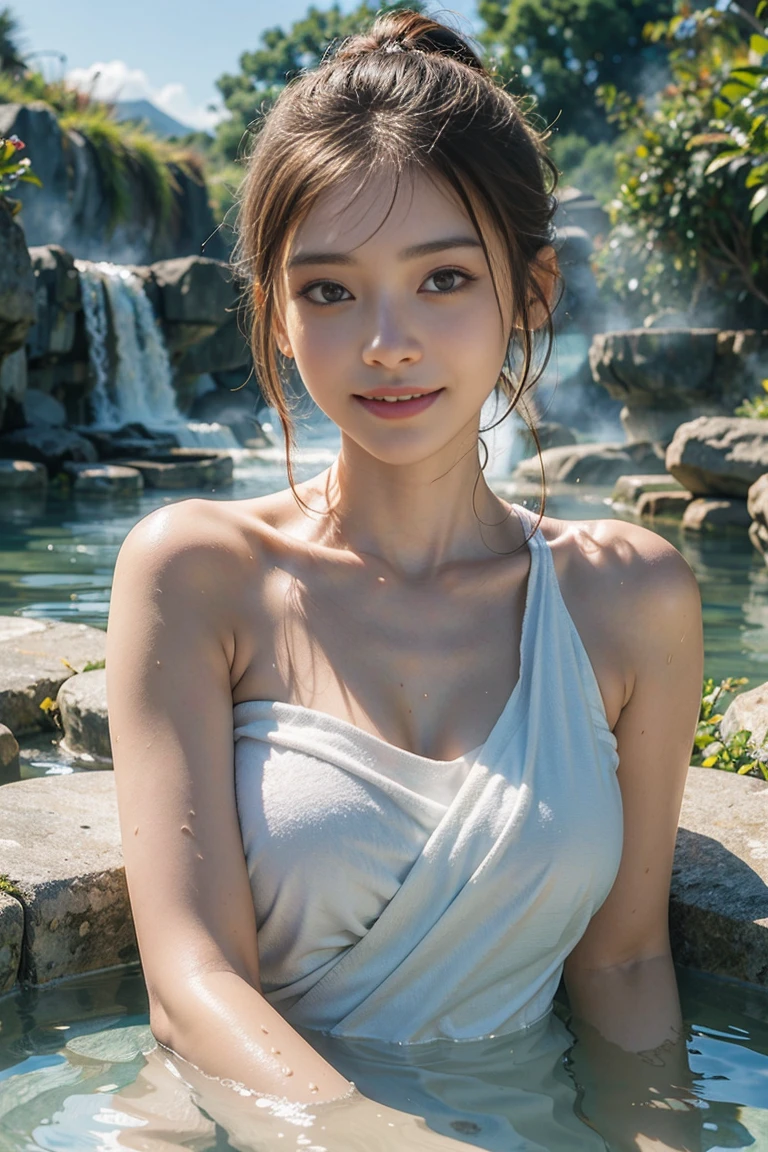 highest quality, masterpiece, ultra high resolution, (realistic:1.4), (close portrait) RAW photo, 1 girl, 22 years ago,((Private open-air bath)),((One bath towel)),((Milky water)),(((Steaming hot springs))),((My face is burning from the heat))masterpiece, realistic 日本の写真, saturation, contrast, Pocari Sweat Advertisement ((small breasts)),((smile showing teeth)),Ponytail and scrunchie,brown hair,