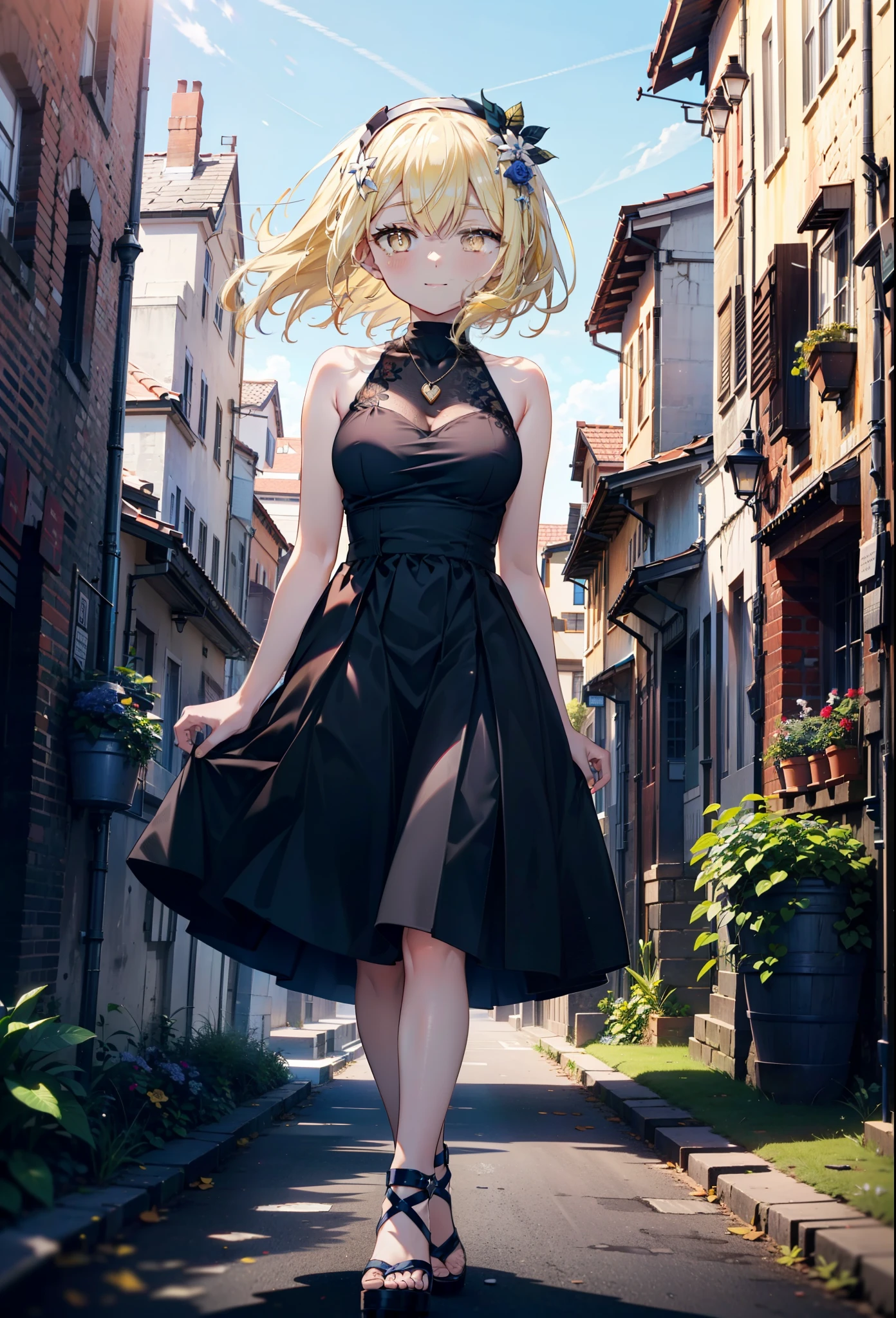 アイスWallenstein, Wallenstein, blonde, Hair between the eyes, hair band, Long Hair, (Yellow Eyes:1.5),happy smile, smile, Shut your mouth.,smile,blush,Blue sleeveless dress,Bare arms,Bare neck,Heart Pendant,Long skirt,Cute Sandals,sunny,walking,whole bodyがイラストに入るように,break looking at viewer,whole body,break outdoors,construction area,city, break (masterpiece:1.2), highest quality, High resolution, unity 8k wallpaper, (shape:0.8), (Beautiful and beautiful eyes:1.6), Highly detailed face, Perfect lighting, Extremely detailed CG, (Perfect hands, Perfect Anatomy),