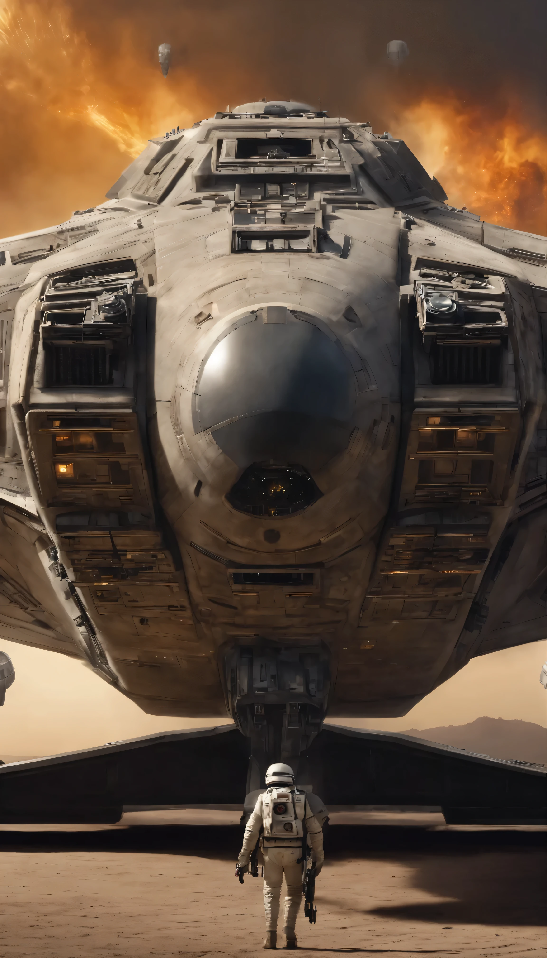 In this impressive and highly detailed masterpiece set against the backdrop of intergalactic battles、The Millennium Falcon, a rare spaceship, is depicted in high detail and with great ambition.、Boasting an astonishing level of realism that rivals the cinematic experience。Gliding through the vast, dark space、A huge Star Destroyer looms ominously in the distance.、Chase iconic spaceships with relentless determination。 The intricate details of the Millennium Falcon、From the smooth lines of the ship to its sun-scorched surface、Meticulously rendered with photorealistic accuracy