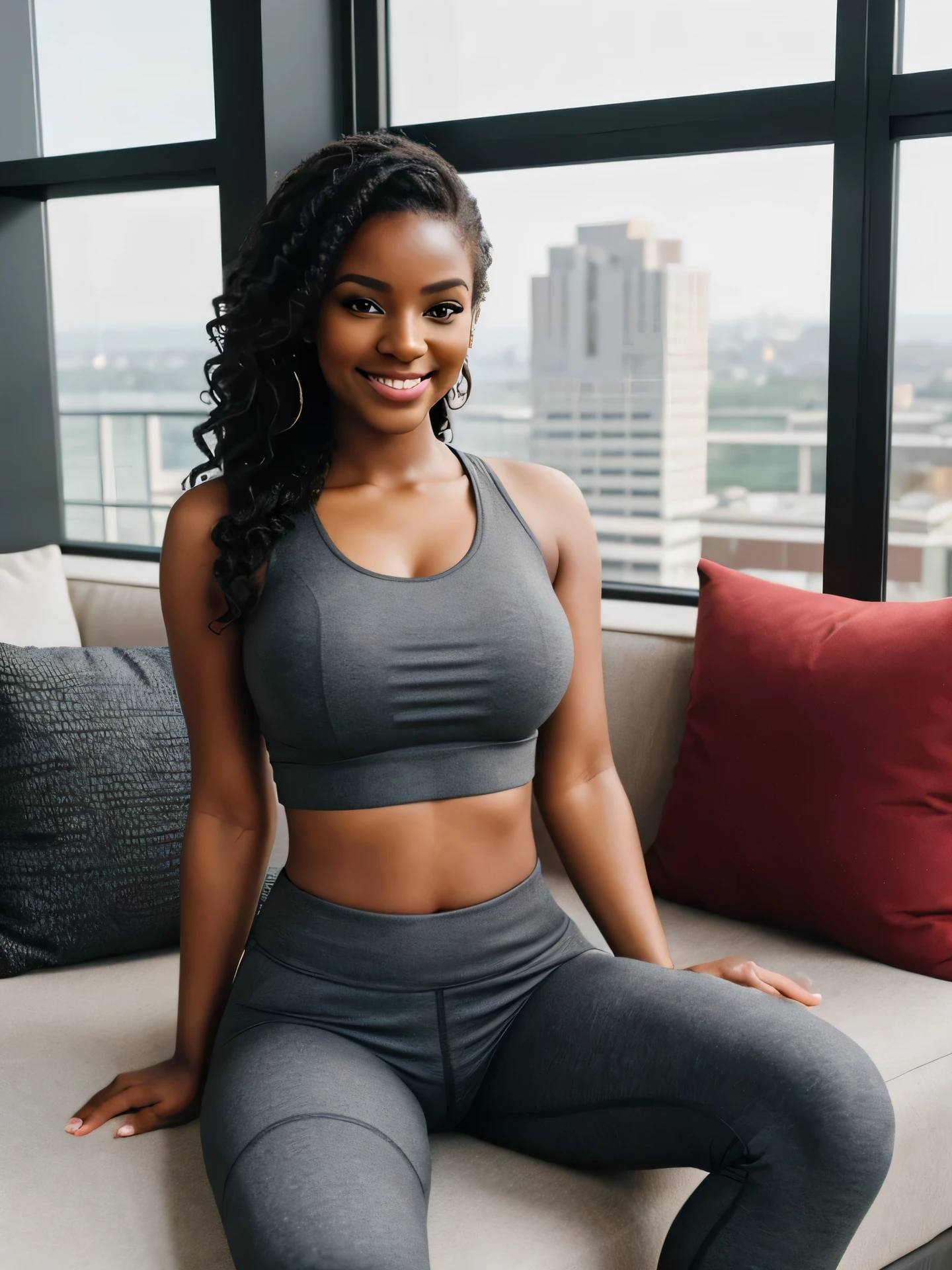 (Maintain the face of the previous prompt) An ultra hot young beautiful African woman, age 20, black curly hair, height 5′ 6″, wearing a gray crop top and branded yoga pants, lululemon, summer, comfy, sitting next to a large window, pillows, penthouse, posing for a picture, subject focus, striking a pose, smiling, perfect lighting, makeup, 24mm, 4k textures, looking at viewer, making eye contact, realistic, 8k, dslr, Perfect anatomy, perfect hair, perfect breast, perfect body, wide hips, thick thighs, big ass,