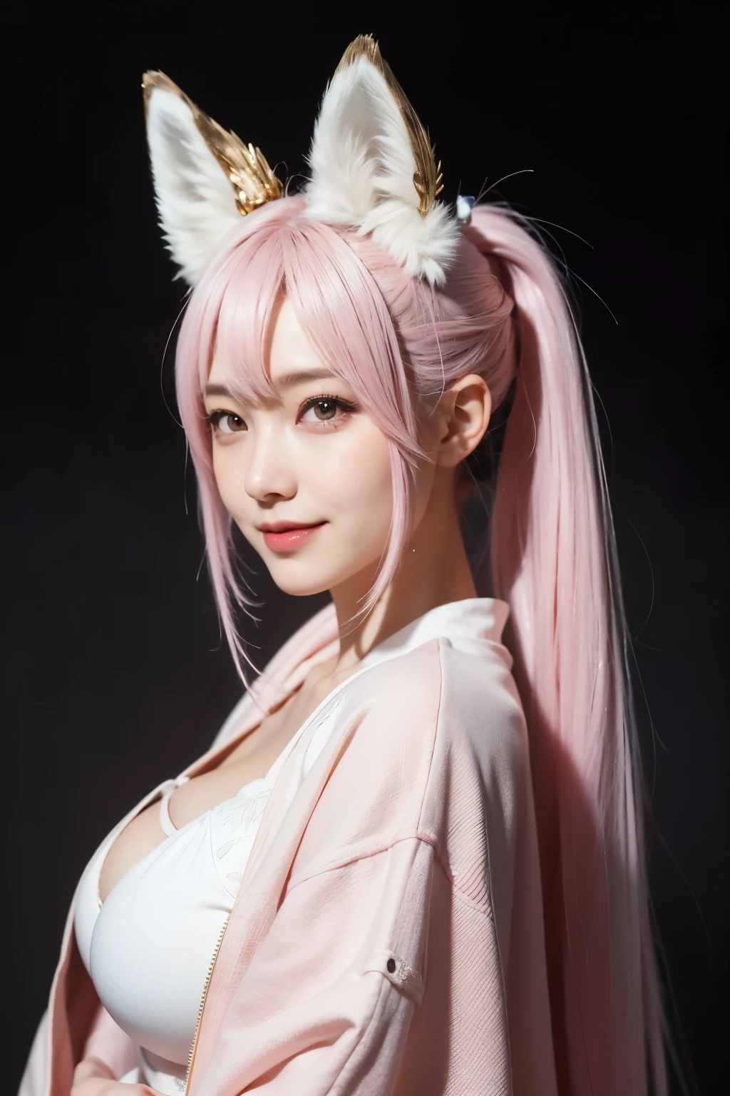 ((Pink Hair))、((Pink Hair))、((Twin tails))、((Highest quality、8k、masterpiece))、Sharp focus:1.2、((Big smile))、Small fox ears、Cute 17 year old girl with perfect figure:1.4、Slim Abs:1.2、((Dark brown hair))、street:1.2、Highly detailed face and skin texture、fine grain、The chest is exposed、double eyelid、shoulder、Close-up of a woman in a kimono posing for a photo、Japanの女神、Japan人モデル、white、((Small breasts))、Shrine maiden costume、Japan、Drawing attractive anime girls。Cleavage
