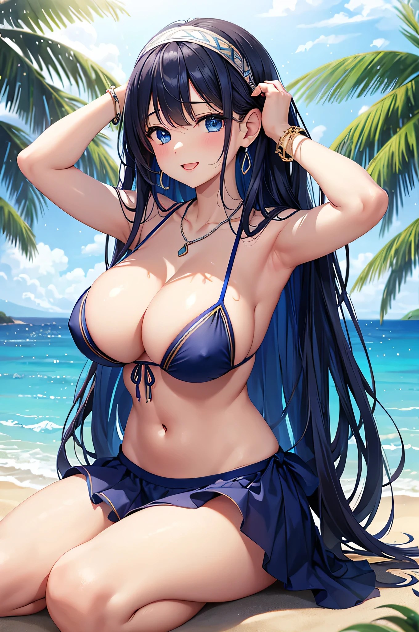 highest quality、highest quality、masterpiece、beautiful girl、Navy blue long hair、blue eyes、Navy Blue Bikini、Big cleavage、(Big Breasts),smile、blue necklace、Blue Earrings、background(Beach)、Please open your mouth wide、White headband、bracelet、Raise your arms and place your hands behind your head,Raise your elbows above your head