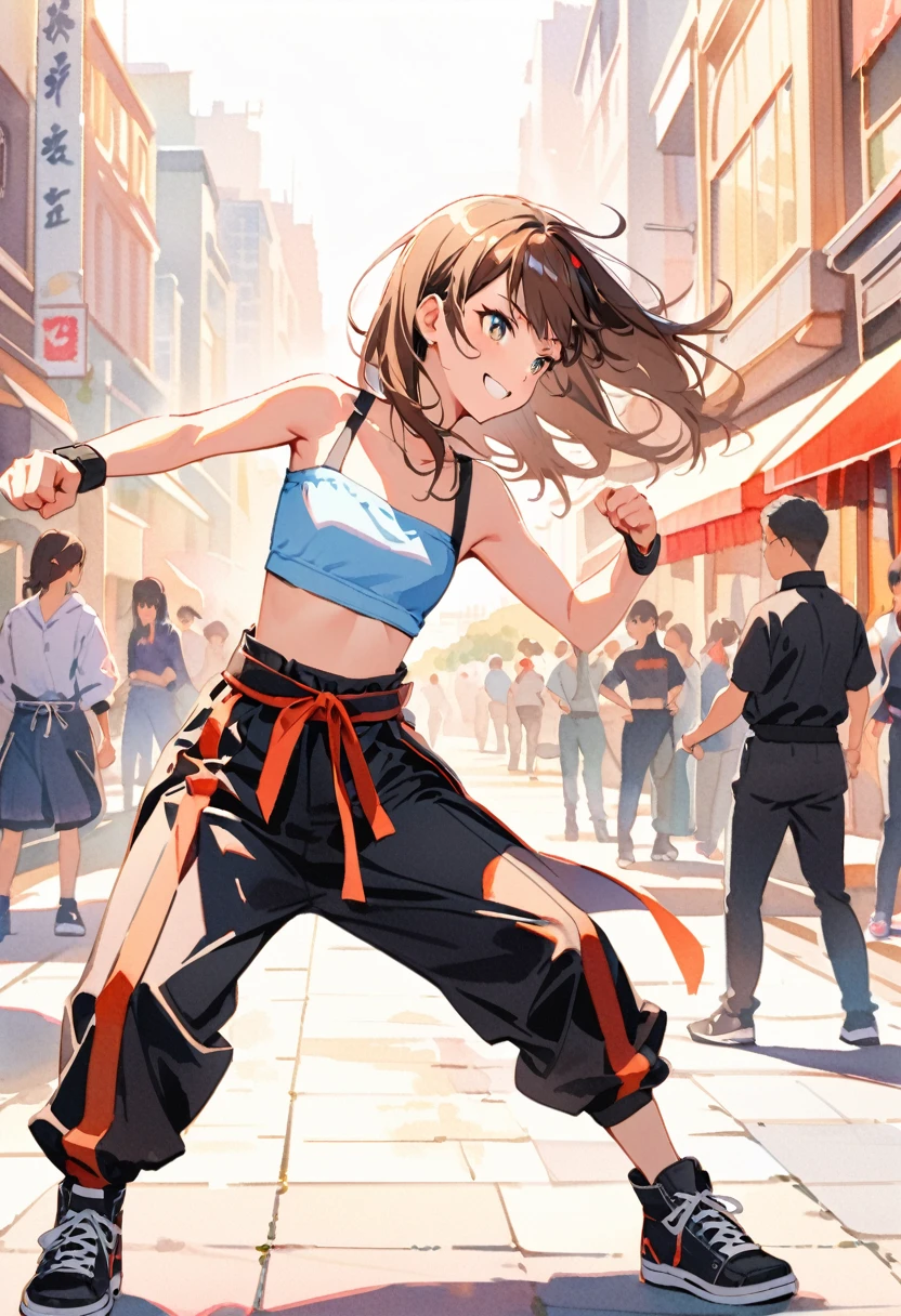 a japanese martial artist girl,tween,skyblue tube top,black spats,sneakers,detailed face,brown hair,Black Shoes,Throwing in a straight right punch,dynamic fighting Pose,smile, city avenue,Full body portrait,(depth of field:1.3),Portrait,magnificent view,(watercolor:1.1),BREAK,Afterimage,Timelapse,