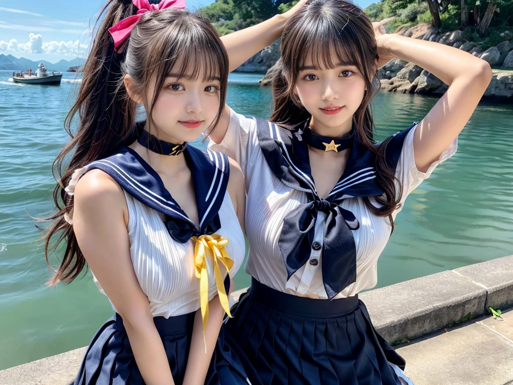(((very heavy chest))),NSFW, 16k raw photos, highest quality, masterpiece, ultra high resolution, ((She is wearing Beautiful exposed redShe is wearing (a high school sailor uniform).
(navy sailor collar:1.4),(white shirt:1.4),(navy pleats skirt:1.4),(navy bow:1.4))).movie, ((2 girls, , 2 schoolgirls)),((attractive expression)),eyes shine、 looking at the viewer, natural skin texture very heavy chest))),((( metal black ribbon around the neck))).star handle mold、((yellow eyes)),Realistic eye and face details, lip whole, lipstick makeup), fluffy ponytail hair, laughter, Beautiful feet, tall woman, ((glowing skin)),((Beautiful armpit)), slim_feet, huge breasts, cleavage, beautiful natural places, beautiful flower garden、(detailed background,highly exposed, huge breasts, blurred background,, JK ribbon on the neck, jk ribbon, golden hair, bracelet, water, bangs, split your lips、armpit、beautiful hip line、glowing skin、(((eyes shine brightly))),lotion skin、High leg、((black hair)),highly exposed、Skimpy pink luxury fur coat、beautiful sea background、wind effect、
