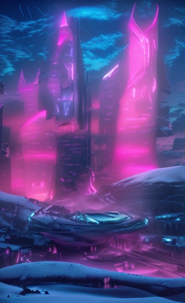 Masterpiece, 12k, uhd, photorealistic, a ultra beautiful suggestive landscape, with snow hills, snow land, futuristic metropolis in background, with skycrapers, night sky with stars, pink boreal aurora in the sky, light neon effects, cyberpunk dreaming atmosphere, (3D rendering buildings), seems real, blue and pink sky and snow colors