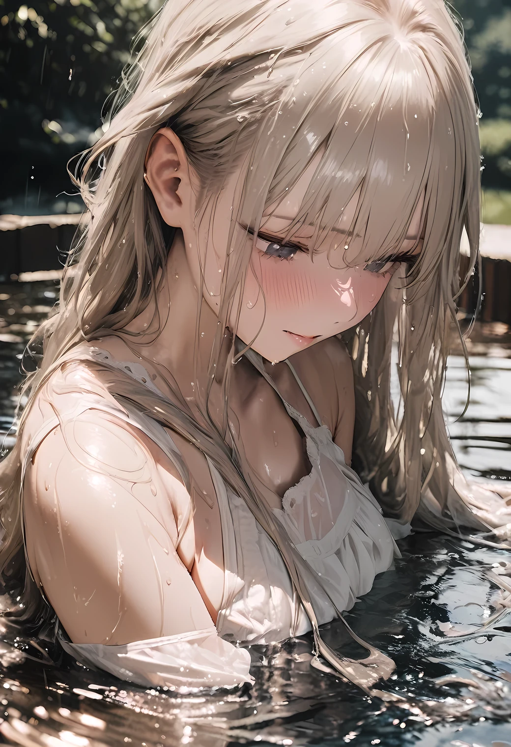 raw photo:1.2, masterpiece, highest quality, 16k, unbelievably absurd, very detailed, perfect beauty, beautiful cute girl, flowing platinum blond, closeup face, look down, wet hair, splash water, clop top