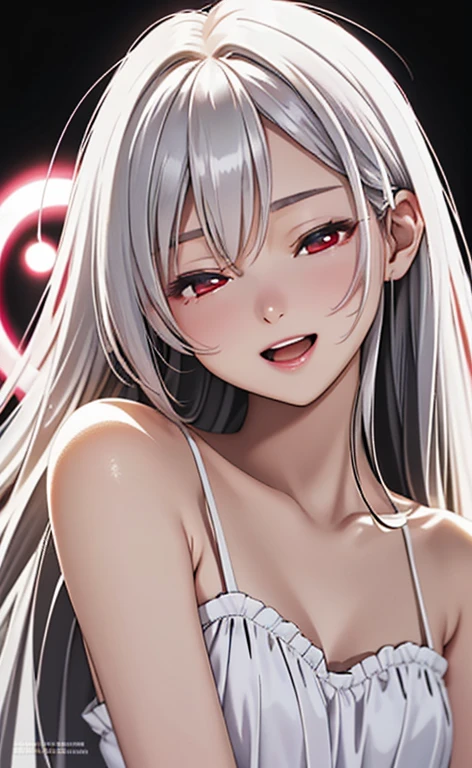 (Photorealistic:1.4)、asuna,(masterpiece、lens flare:1.5、spot light:1.2、Exquisite beautiful eyeonochrome:1.5,portlate、)、Cute Face、 3D Face、(white hair:1.5、Straight Hair)、(1 Girl)、(Red eyes:1.2)、(upper body)、(Sundress)、 (Cute face:1.2),(Open mouth happy smile:1.2),(half closed eyes:1.5),kind face,(Small breasts),(black background:1.5)、(glowing eyes:1.3)、()、 Neat and clean、Adorable、Slim Body(Tareme:1.5),Shiny Hair、(Glowing pink Skin)、Nijisketch,Manga,zydG
