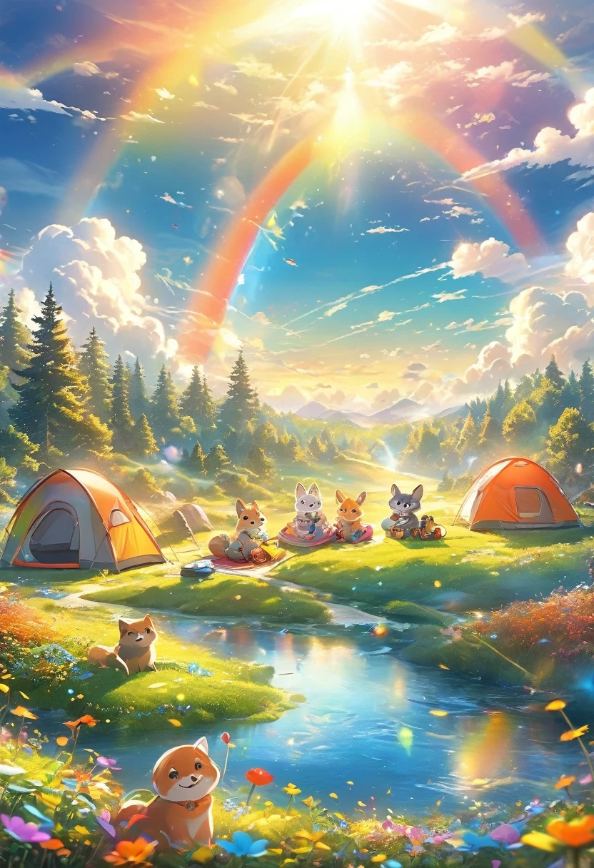 best quality, masterpiece, Camping outdoors in a furry dream world, It feels like being on a carpet of colorful clouds, smile sunshine, Rainbow, fantasy