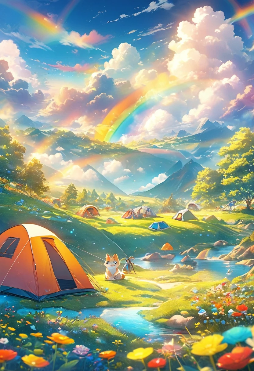 best quality, masterpiece, Camping outdoors in a furry dream world, It feels like being on a carpet of colorful clouds, smile sunshine, Rainbow, fantasy