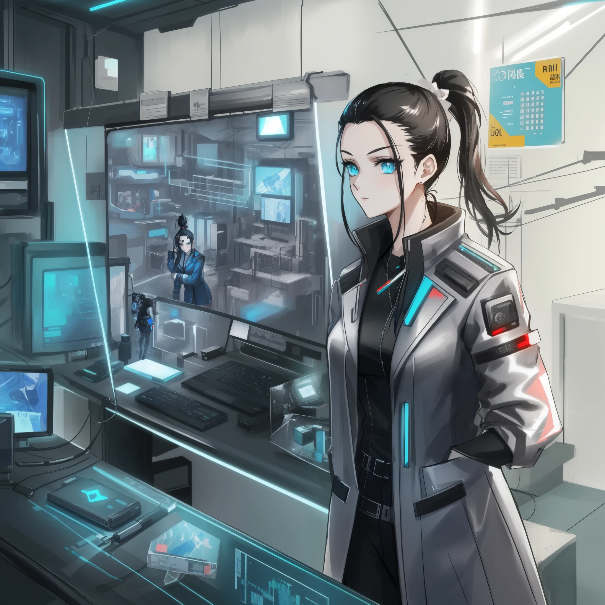 (ponytail forehead hair pulled back:1.3), black hair, arafed woman in a futuristic suit standing in front of a computer, elite scientist, cyberpunk themed art, futuristic scientific laboratory, futuristic laboratory, futuristic chemistry lab, advanced digital cyberpunk art, cyberpunk transhumanist, scifi illustration, cyberpunk tech, cyber style, expert high detail concept art, modern cyberpunk, metaverse concept art, digital cyberpunk anime art