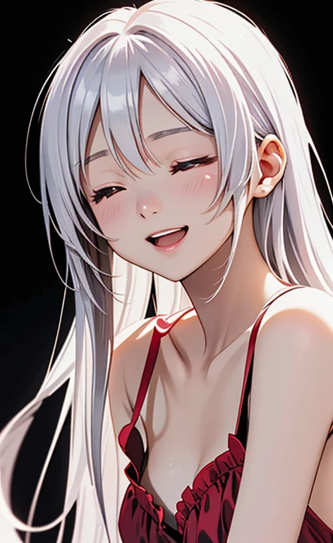 (Photorealistic:1.4)、asuna,(masterpiece、lens flare:1.5、spot light:1.2、Exquisite beautiful eyeonochrome:1.5,portlate、)、Cute Face、 3D Face、(white hair:1.5、Straight Hair)、(1 Girl)、(Red eyes:1.2)、(upper body)、(Sundress)、 (Cute face:1.2),(Open mouth happy smile:1.2),(half closed eyes:1.5),kind face,(Small breasts),(black background:1.5)、(glowing eyes:1.3)、()、 Neat and clean、Adorable、Slim Body(Tareme:1.5),Shiny Hair、(Glowing pink Skin)、Nijisketch,Manga,zydG