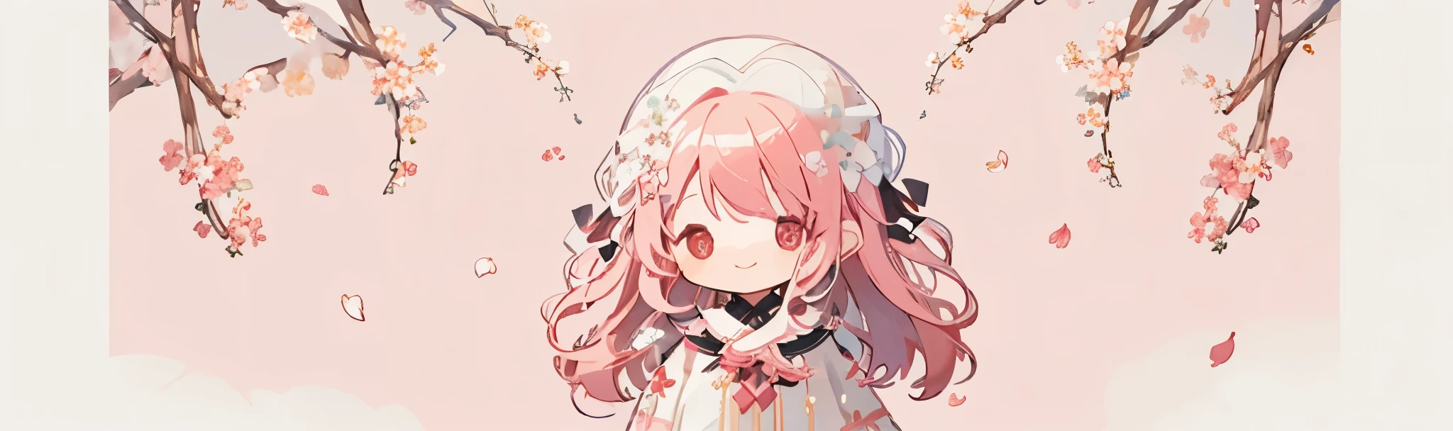 transparent watercolor、girl、Jewel Eyes、Beautiful arrangements and motifs、Depth of bounds written、flat avatar, 1girl, Smile, light pink hair((medium hair、wavy hair)), hair with white tips, pink mesh hair、Fashionable Design Clothing((pink and white)),background white、cherry blossom petals, Cute Girl, modest dress clothing, cherry blossom tights