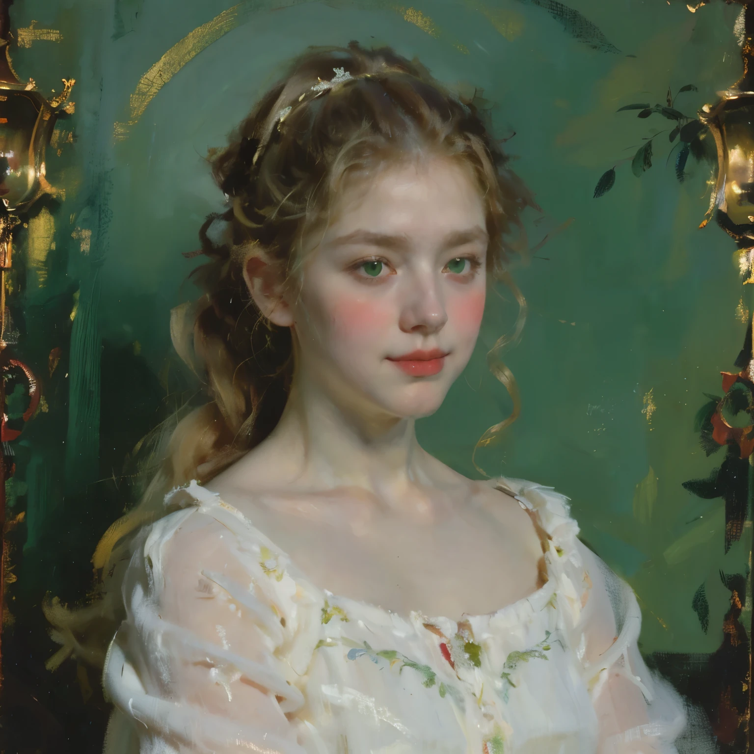 Portrait, blonde hair, straight hair, long hair, white classical pajama gown, green eyes, classical portrait style, beautiful girl, oil painting, 18 years girl, face closed up, face focus, side face, face closed up, (one color green background)