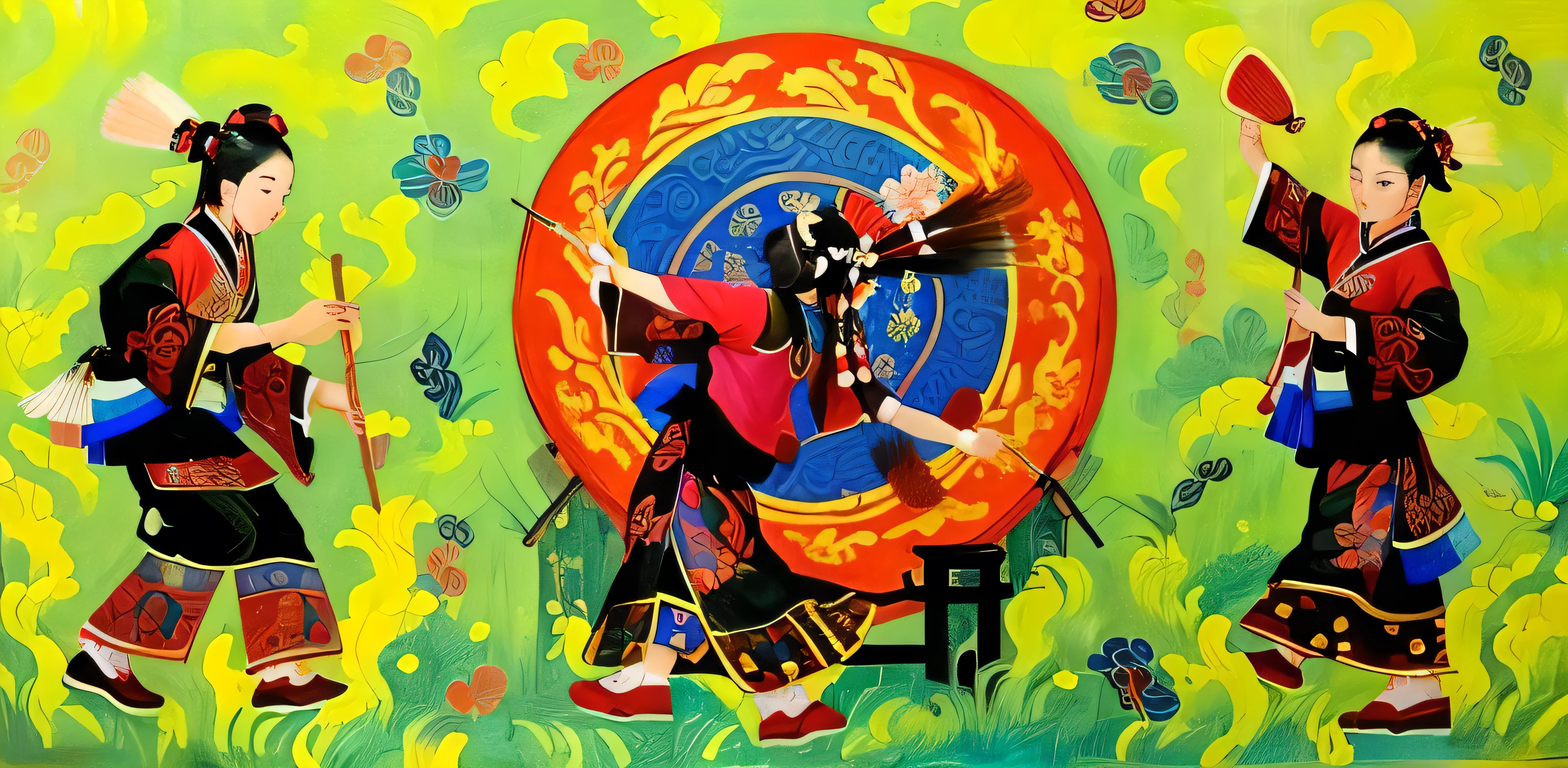 Three people wearing traditional Chinese clothing、Painting of woman holding fan, traditional folk art style, Inspired by Gao Kegong, Tradition, Inspired by Gong Xian, Inspired by Gong Kai, Inspired by Miao Fu, Folklore illustrations, Chinese Tradition Art, Mexican Folk Art, native american folk art, Chinese Art Style, Peking Opera