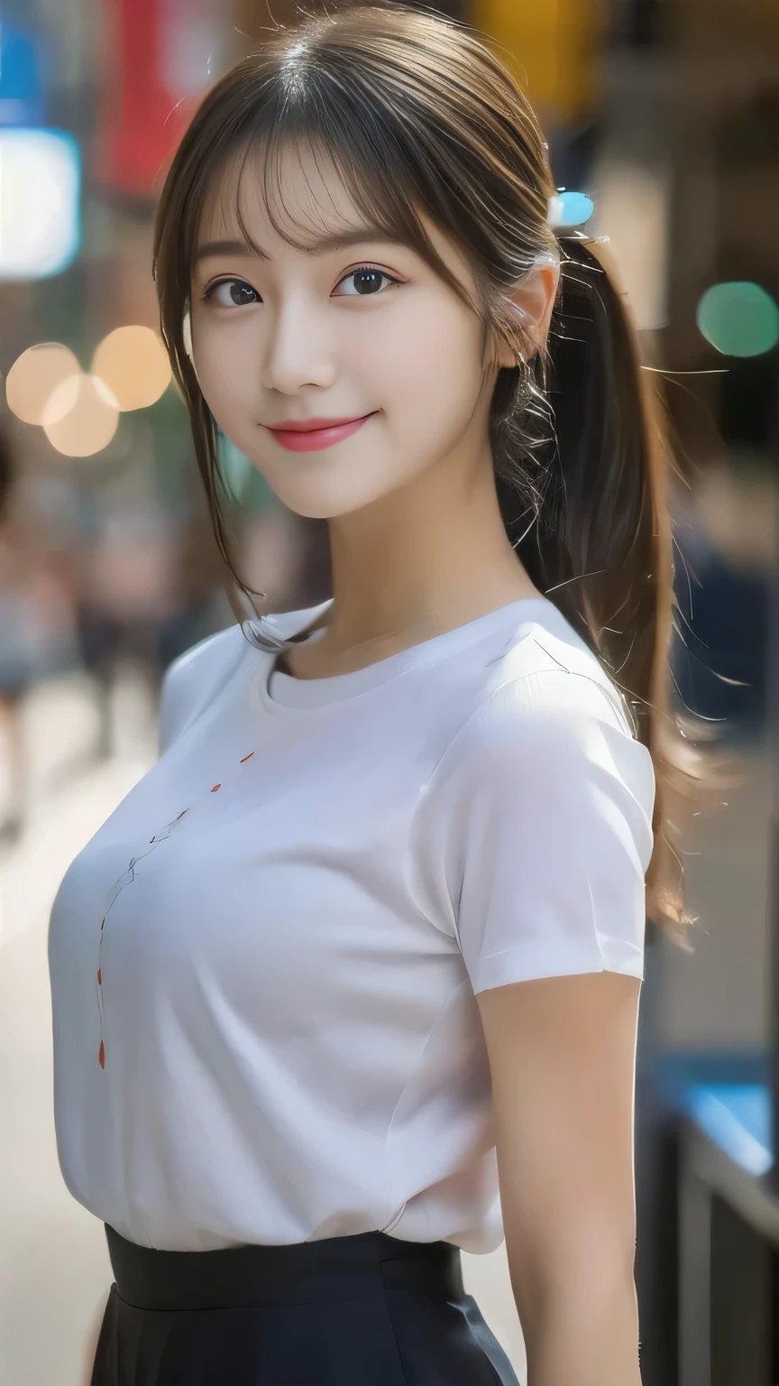 (two girls:1.5),(8k, RAW photo, best quality, masterpiece:1.2), (realistic, photo-realistic:1.4), (extremely detailed 8k wallpaper), sharp focus, depth of field, blur background, bokeh,Do not split,Street Corner,(Japanese Woman),20-year-old woman,ponytail,(well-proportioned body shape:1.5),White shirt,Black Tight Skirt,(Looking at viewer),((super fine face)), Standing posture,(The whole body was shown),smile,(full body)