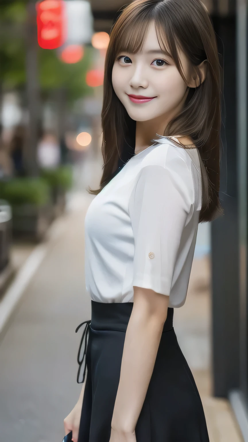 (two girls:1.5),(8k, RAW photo, best quality, masterpiece:1.2), (realistic, photo-realistic:1.4), (extremely detailed 8k wallpaper), sharp focus, depth of field, blur background, bokeh,Do not split,Street Corner,(Japanese Woman),20-year-old woman,ponytail,(well-proportioned body shape:1.5),White shirt,Black Tight Skirt,(Looking at viewer),((super fine face)), Standing posture,(The whole body was shown),smile,(full body)