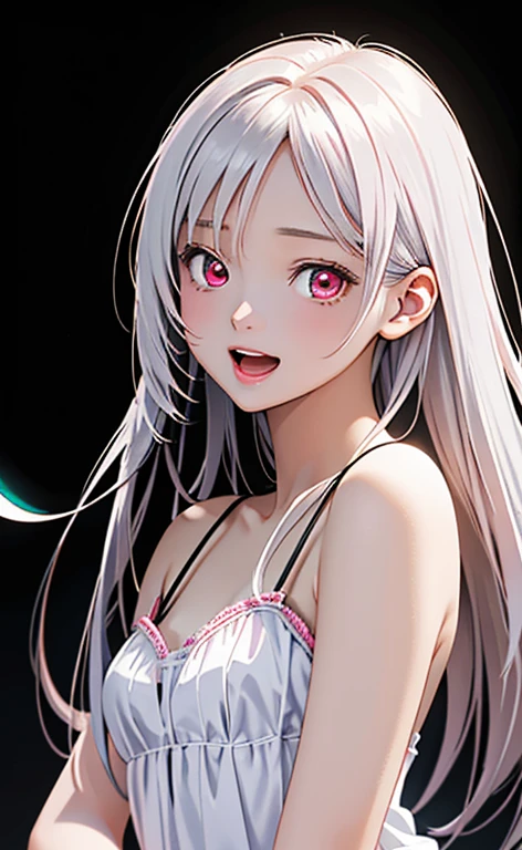 (Photorealistic:1.4)、asuna,(masterpiece、lens flare:1.5、spot light:1.2、Exquisite beautiful eyeonochrome:1.5,portlate、)、Cute Face、 3D Face、(white hair:1.5、Straight Hair)、(1 Girl)、(Red eyes:1.2)、(upper body)、(Sundress)、 (Cute face:1.2),(very loud laugh,Open mouth:1.3),(),kind face,(Small breasts),(black background:1.5)、(glowing eyes:1.3)、()、 Neat and clean、Adorable、Slim Body(Tareme:1.5),Shiny Hair、(Glowing pink Skin)、Nijisketch,Manga,zydG